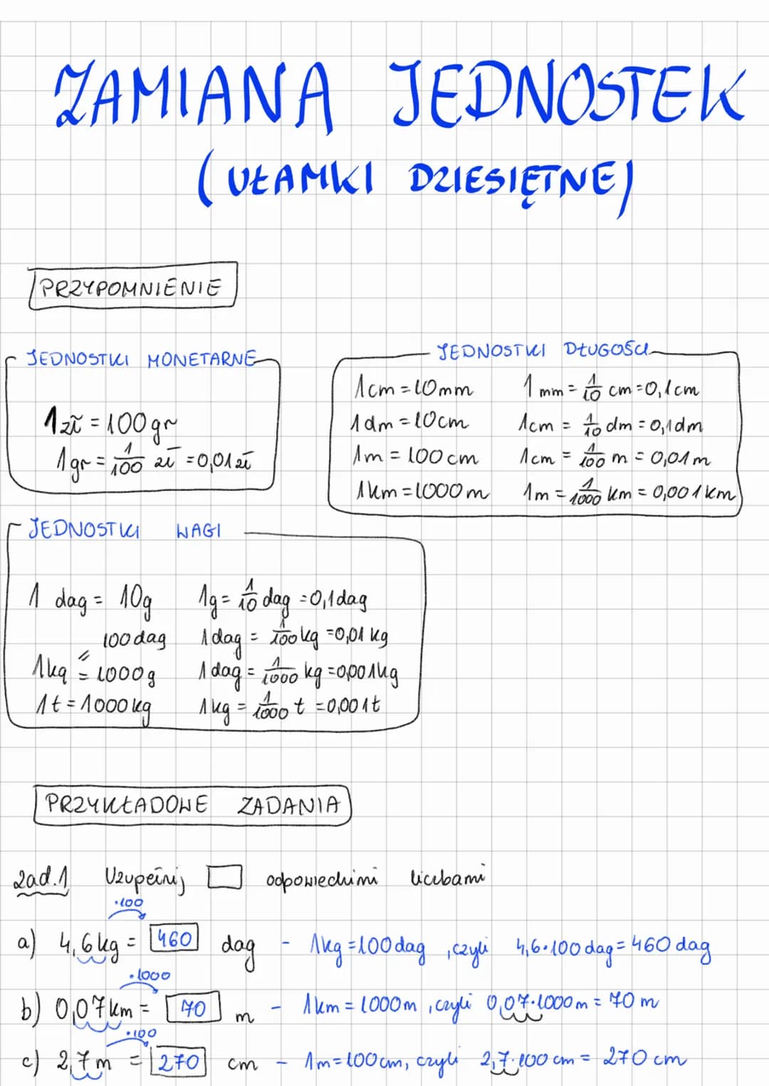 ZAMIANA JEDNOSTEK
(UŁAMKI DZIESIĘTNE)
PRZYPOMNIENIE
JEDNOSTKI MONETARNE
1₂x = 100 gr
1 gr = 100 21 = 0,01 21
JEDNOSTI
WAGI
1 dag = 10g 1g = 