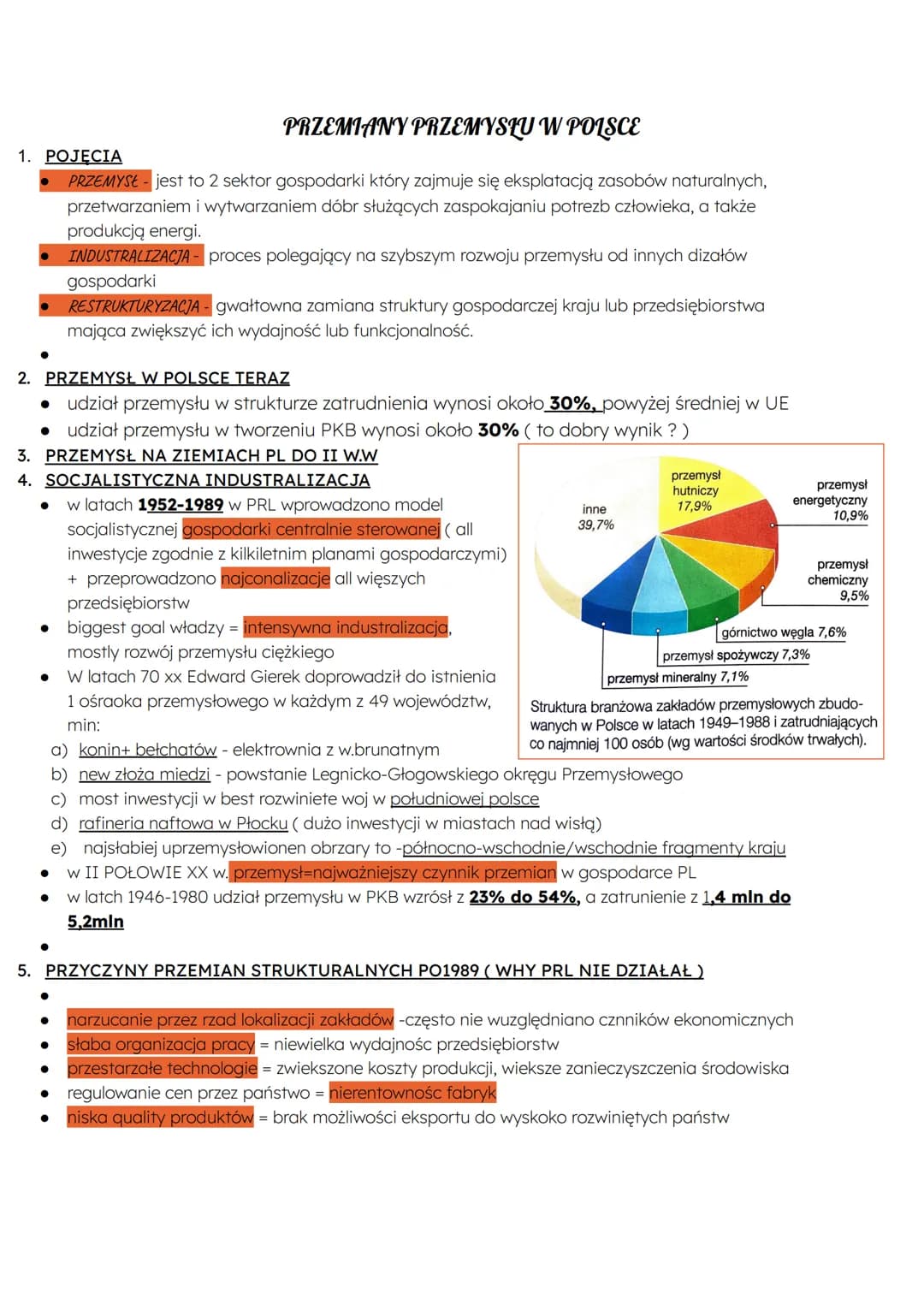 PRZEMIANY PRZEMYSŁU W POLSCE
1. POJECIA
● PRZEMYSŁ - jest to 2 sektor gospodarki który zajmuje się eksplatacją zasobów naturalnych,
przetwar