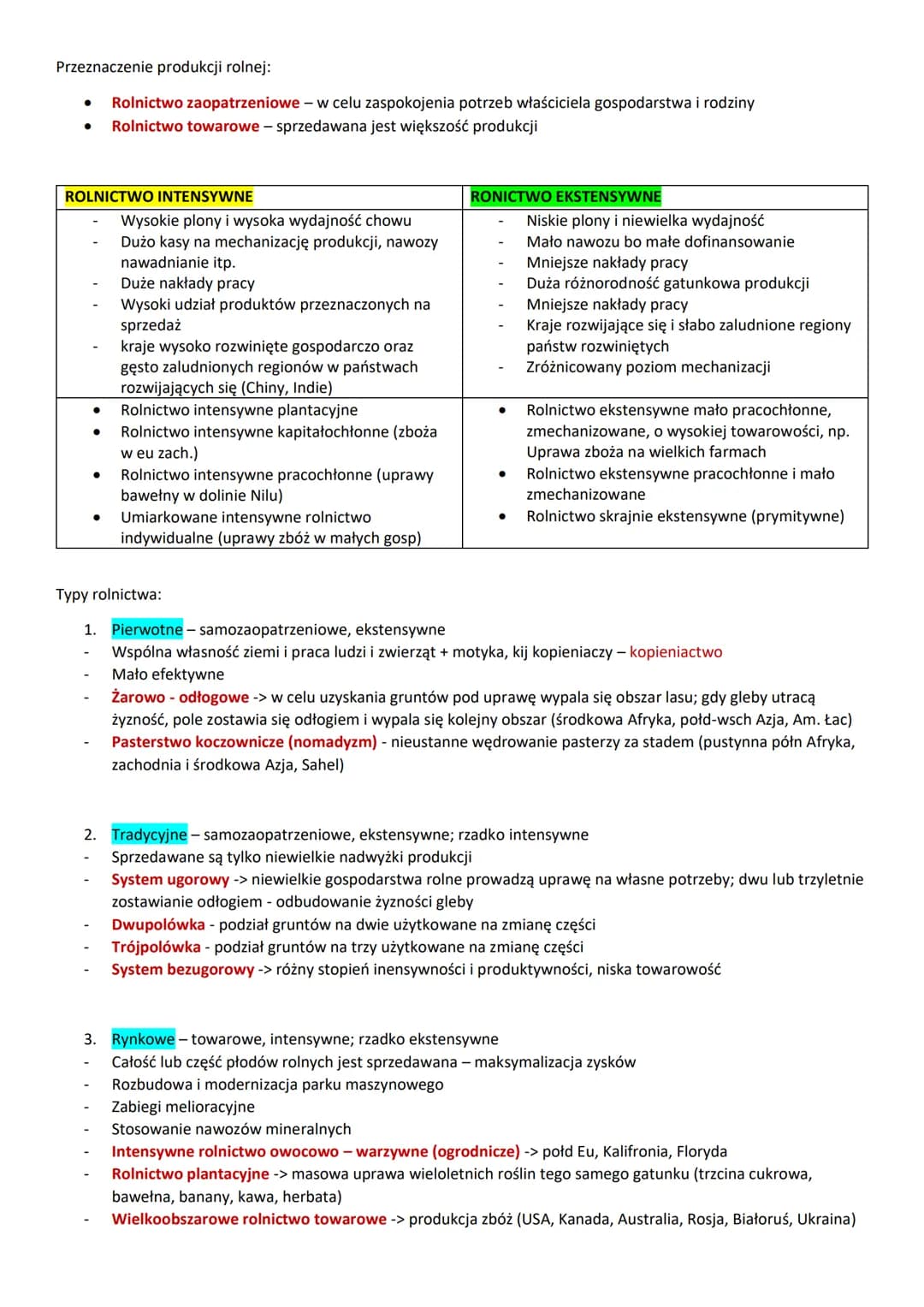 Przeznaczenie produkcji rolnej:
Rolnictwo zaopatrzeniowe - w celu zaspokojenia potrzeb właściciela gospodarstwa i rodziny
Rolnictwo towarowe