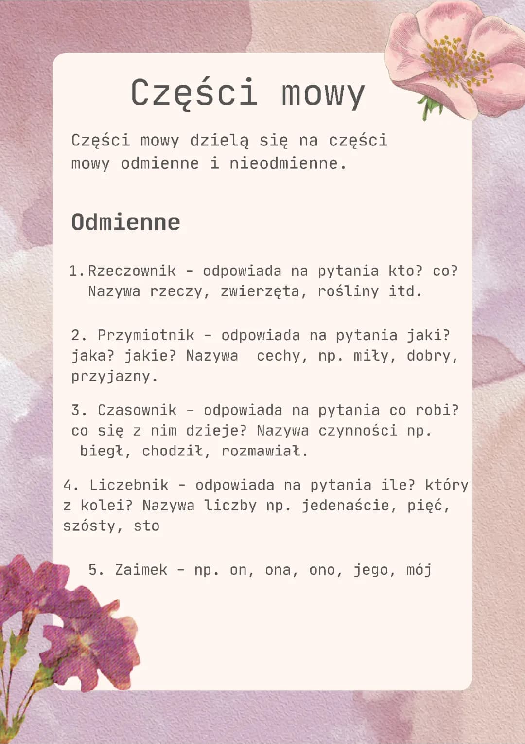 Sprawdzian z części mowy: odmienne i nieodmienne - klasa 6