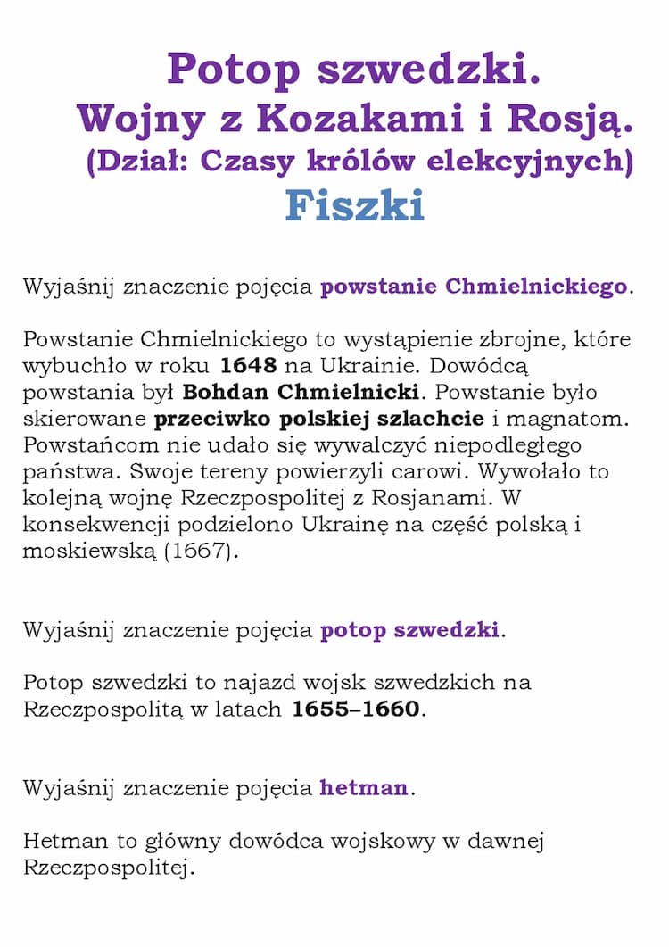 Know Potop szwedzki. Wojny z Kozakami i Rosją (Dział: Czasy królów elekcyjnych) Fiszki thumbnail