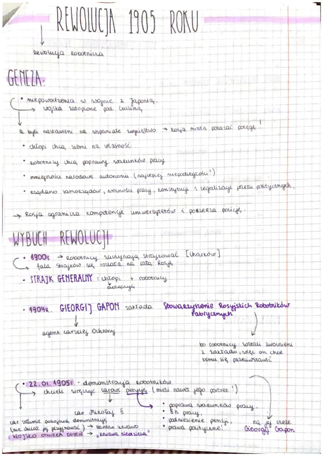 # REWOLUCJA 1905 ROKU

Rewolucja Robotnica

GENEZA

- niepowodzenia w wojnie z Japonia,
→wojska zato pione pad Cuszima

a byli nastawieni na