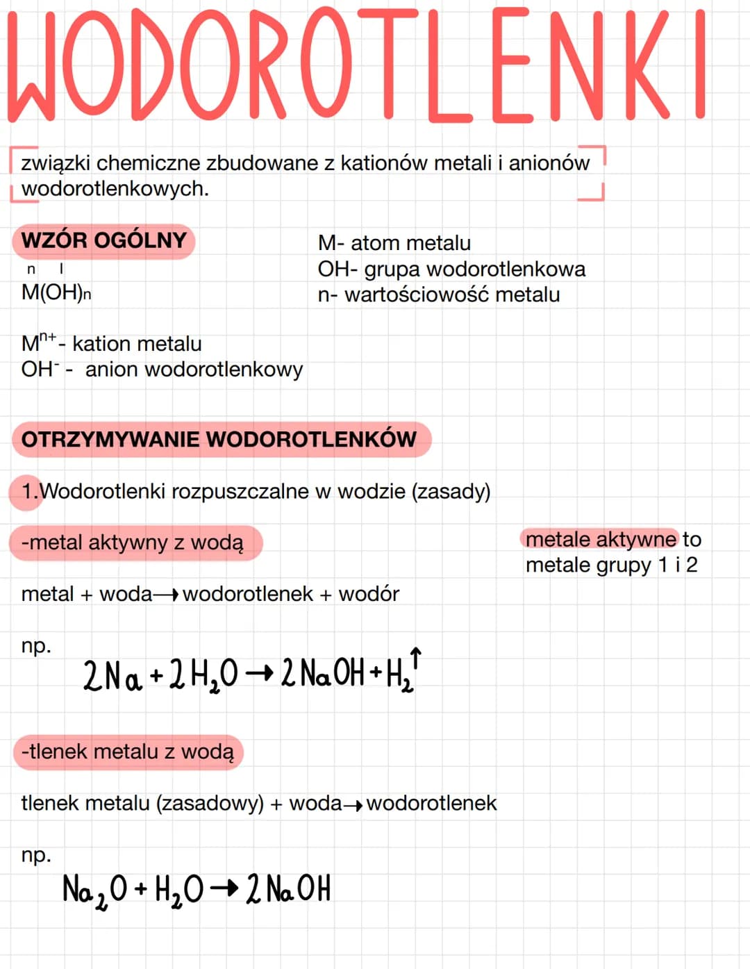 WODOROTLENKI
związki chemiczne zbudowane z kationów metali i anionów
wodorotlenkowych.
WZÓR OGÓLNY
n I
M(OH)n
Mn+- kation metalu
OH- anion w