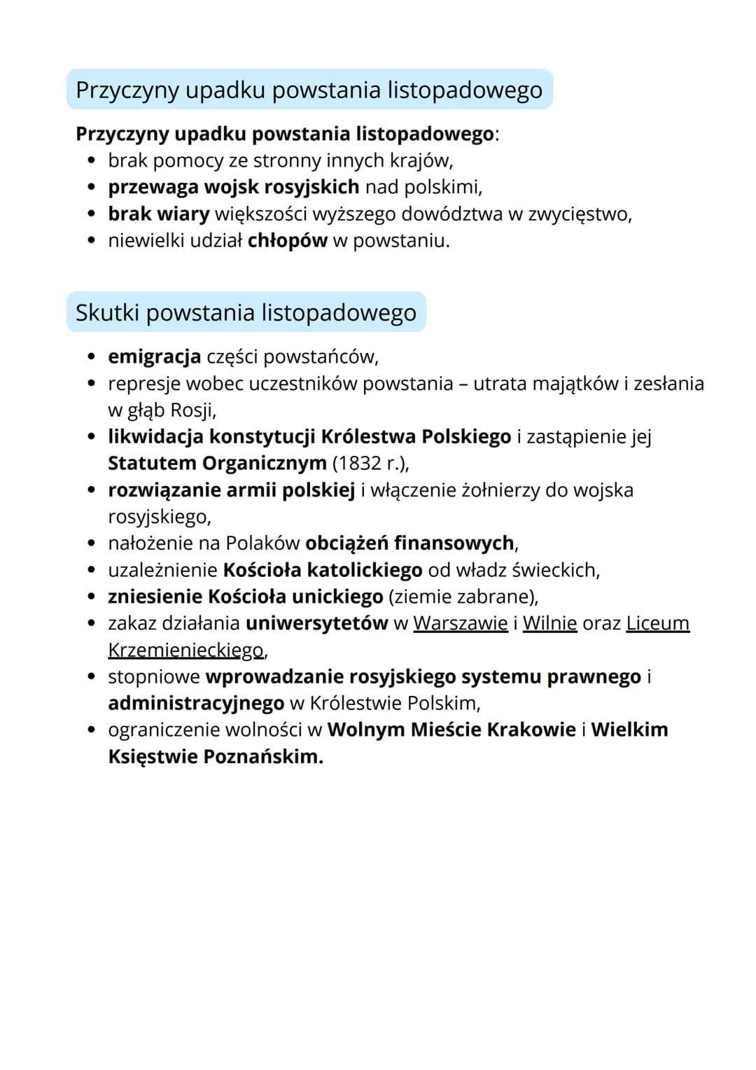 POWSTANIE
LISTOPADOWE
Przyczyny wybuchu powstania listopadowego
Przyczyny wybuchu powstania
listopadowego:
• wzrost nastrojów niepodległości