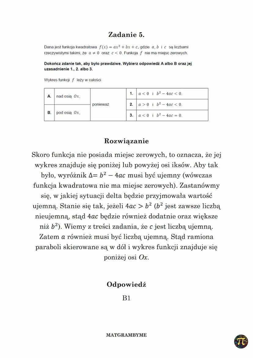 FUNKCJA KWADRATOWA
Wyróżnik A trójmianu kwadratowego ax² + bx + c,
(a 0,b,ce R) zmiennej rzeczywistej x to liczba
A= b² - 4ac
Wykres funkcji