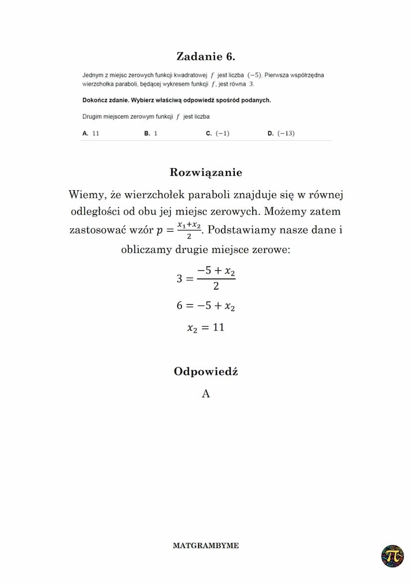 FUNKCJA KWADRATOWA
Wyróżnik A trójmianu kwadratowego ax² + bx + c,
(a 0,b,ce R) zmiennej rzeczywistej x to liczba
A= b² - 4ac
Wykres funkcji