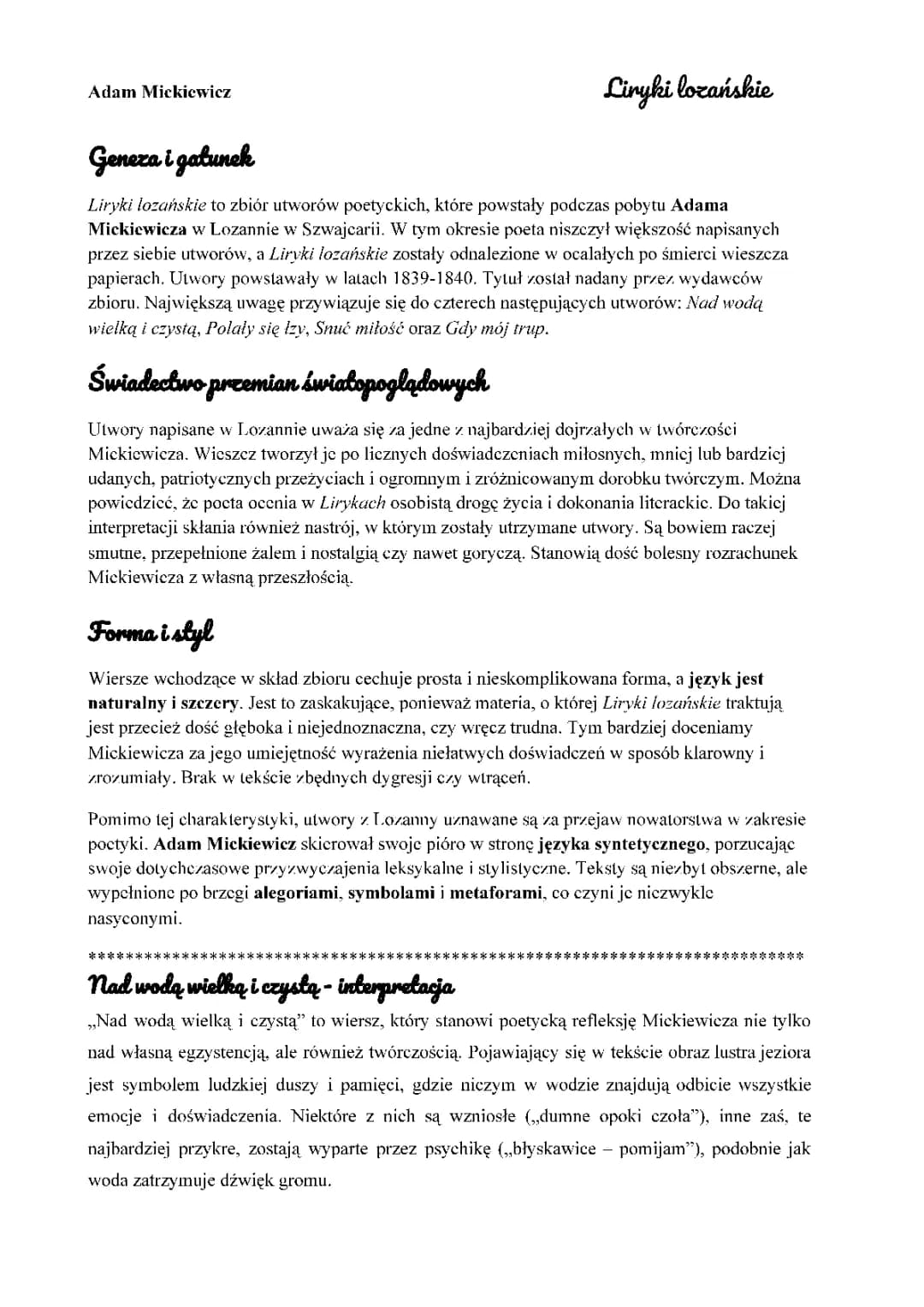 Liryki lozańskie - geneza, gatunek, streszczenie, bohaterowie, problematyka