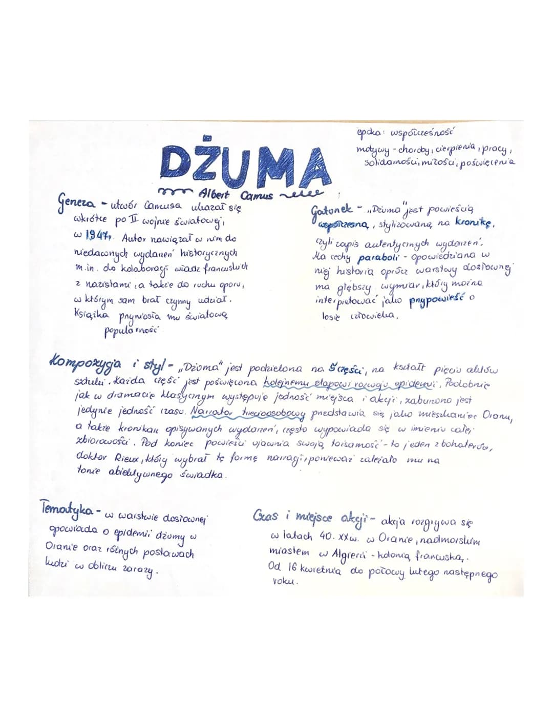 DŽUMA
Albert Camus ele
Geneza - utwór Camusa ukazał się
wkrótce po II wojnie światowej,
w 1947. Autor nawiązał. w nim do
niedawnych wydaren 