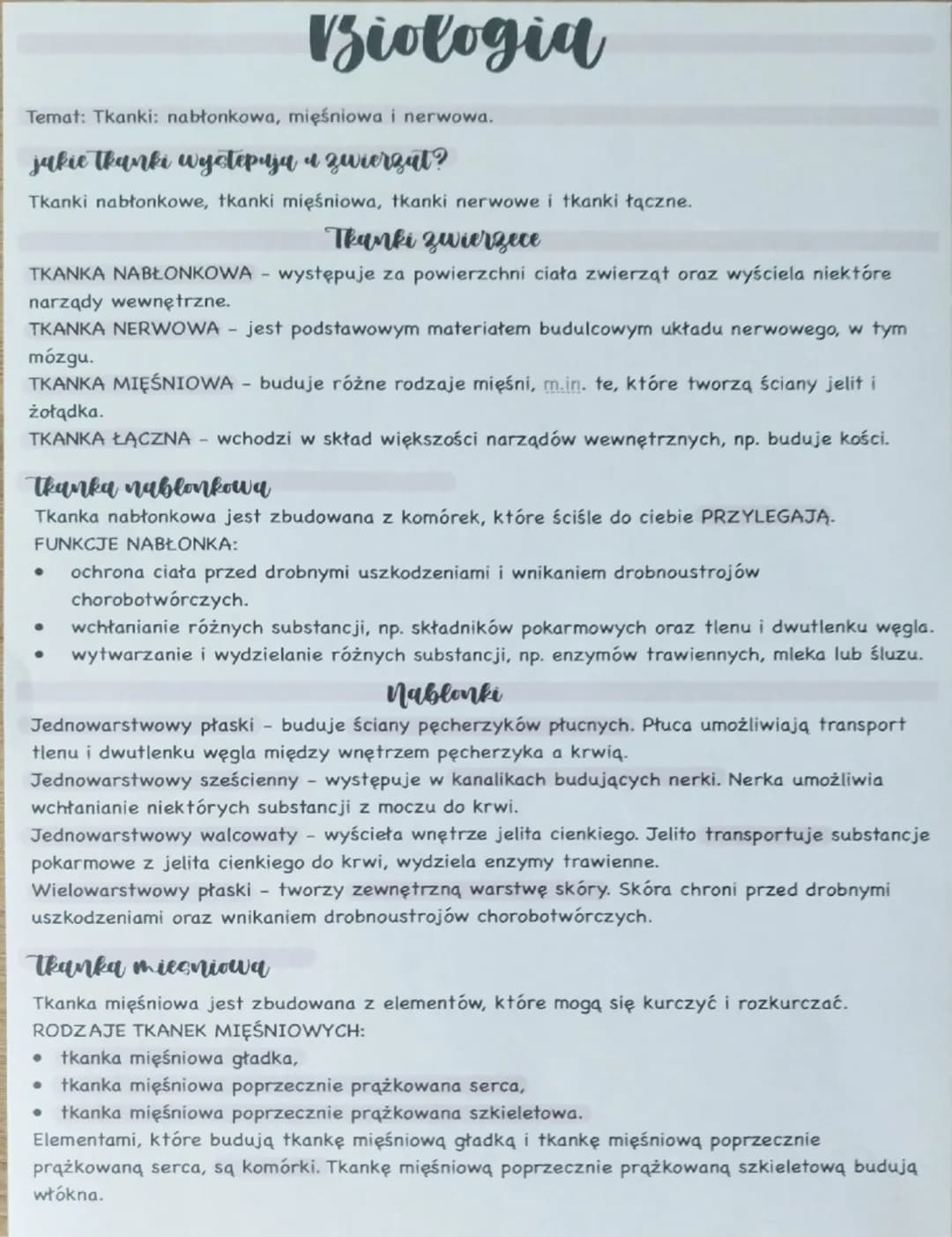 Biologia
Temat: Tkanki: nabłonkowa, mięśniowa i nerwowa.
jakie tkanki wystepaya 4 zwierzat?
Tkanki nabłonkowe, tkanki mięśniowa, tkanki nerw