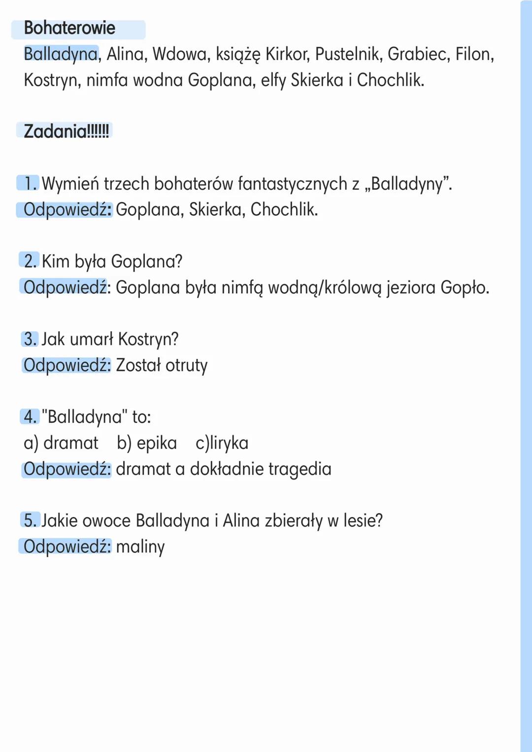 # Balladynna
Juliusz Stowacki

Czas i miejsce akcji
Czas: Panowanie króla Popiela III
Miejsce: Jezioro Gopło (okolice Gniezna)
Plan wydarzeń