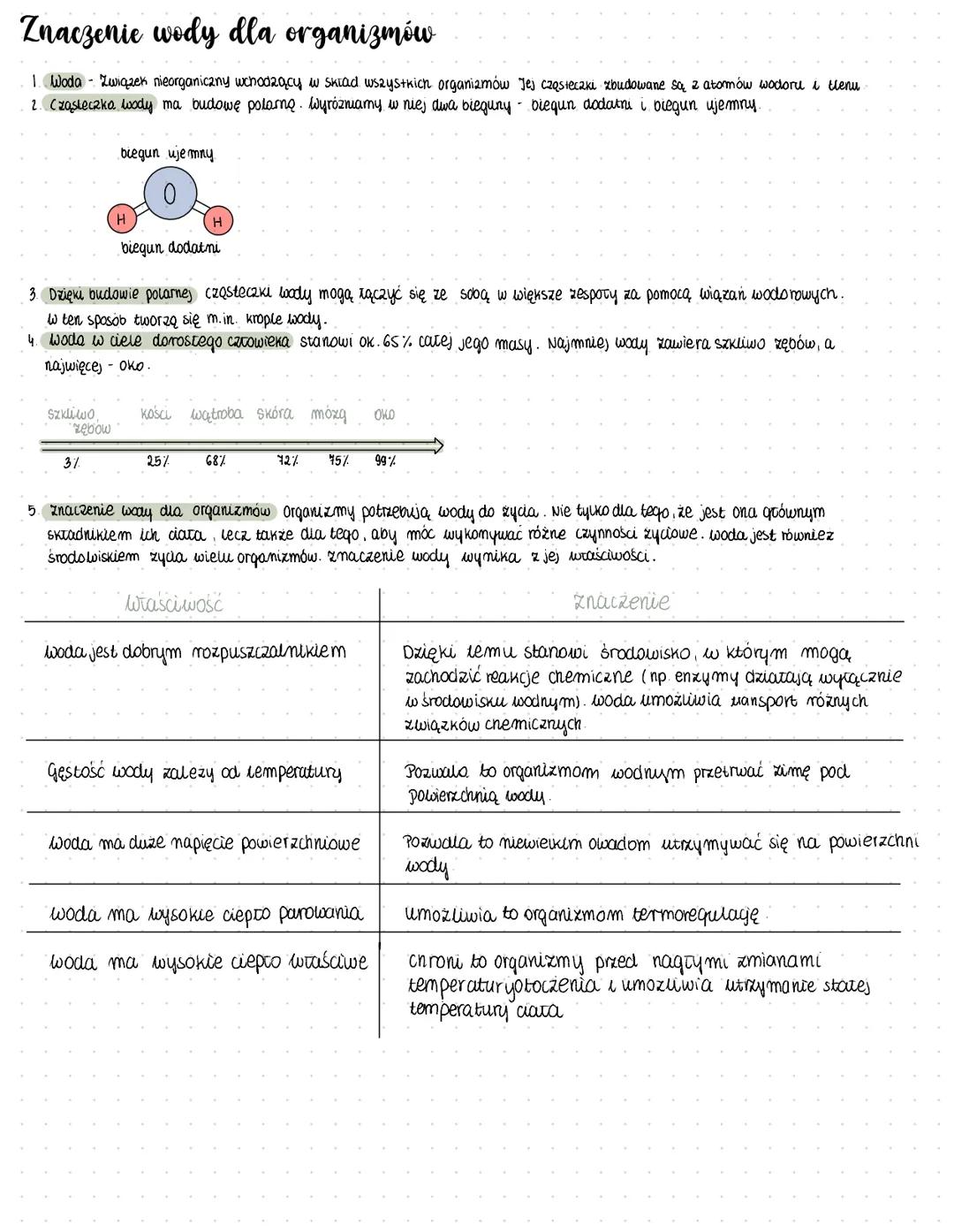 Znaczenie wody dla organizmów
1. Woda - Związek nieorganiczny wchodzący w skład wszystkich organizmów Jej cząsteczki zbudowane są z atomów w
