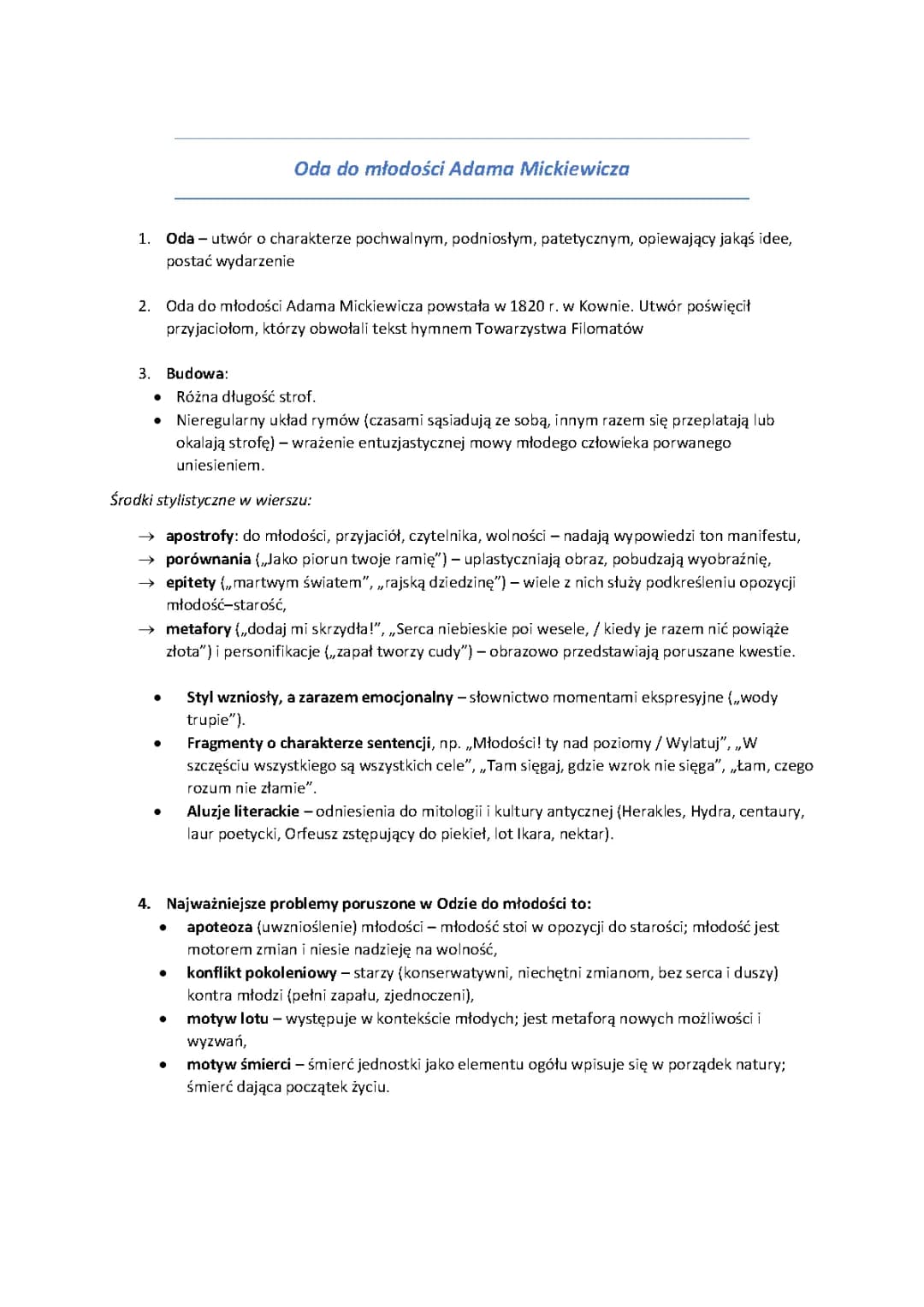 Oda do młodości - streszczenie, notatka, tekst i interpretacja