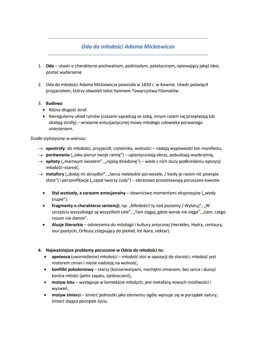 Oda do młodości Adama Mickiewicza
1. Oda - utwór o charakterze pochwalnym, podniosłym, patetycznym, opiewający jakąś idee,
postać wydarzenie