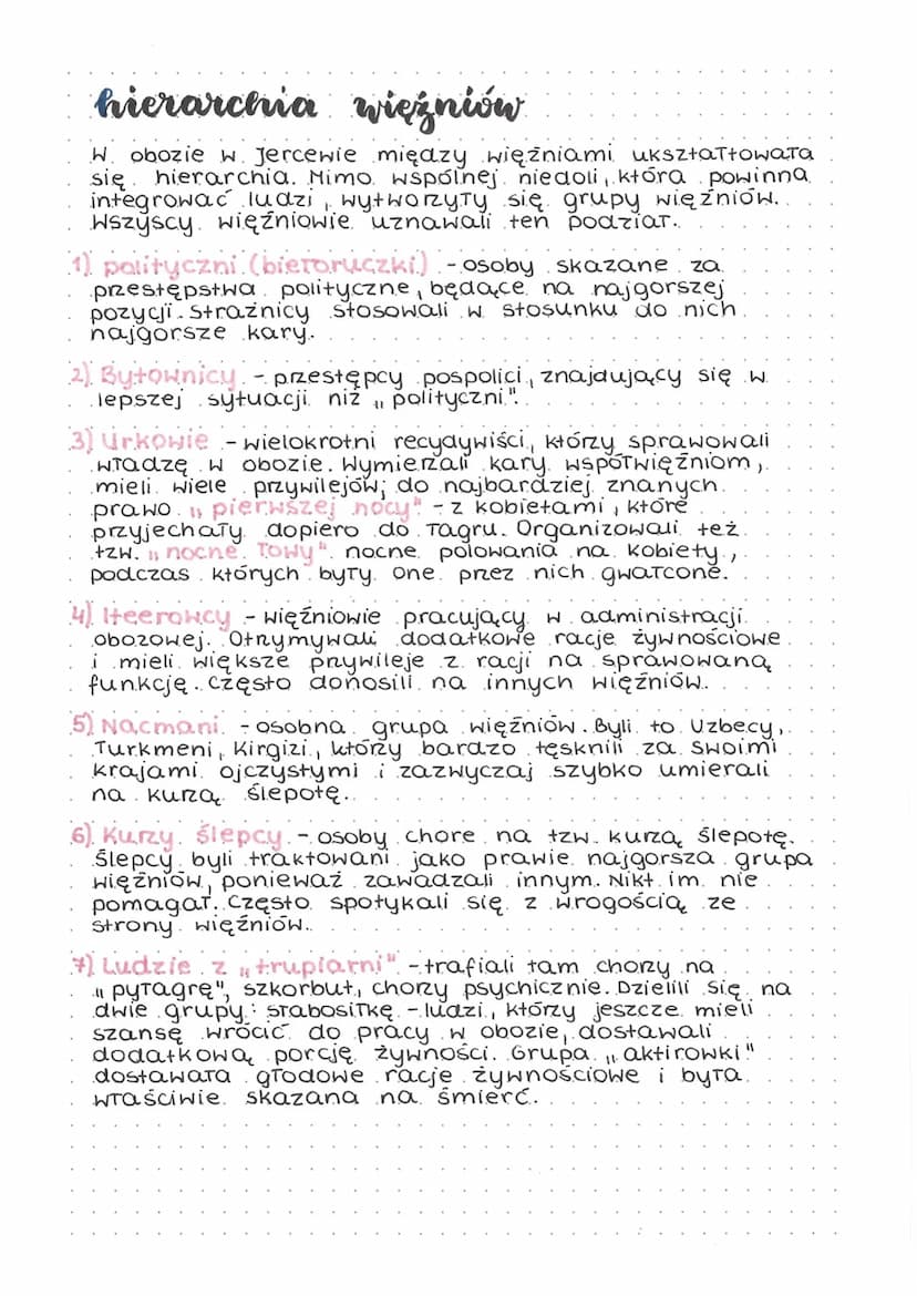 hierarchia więźniów
W obozie w Jercewie między więźniami ukształtowała
się hierarchia. Mimo wspólnej niedoli, która powinna
integrować ludzi