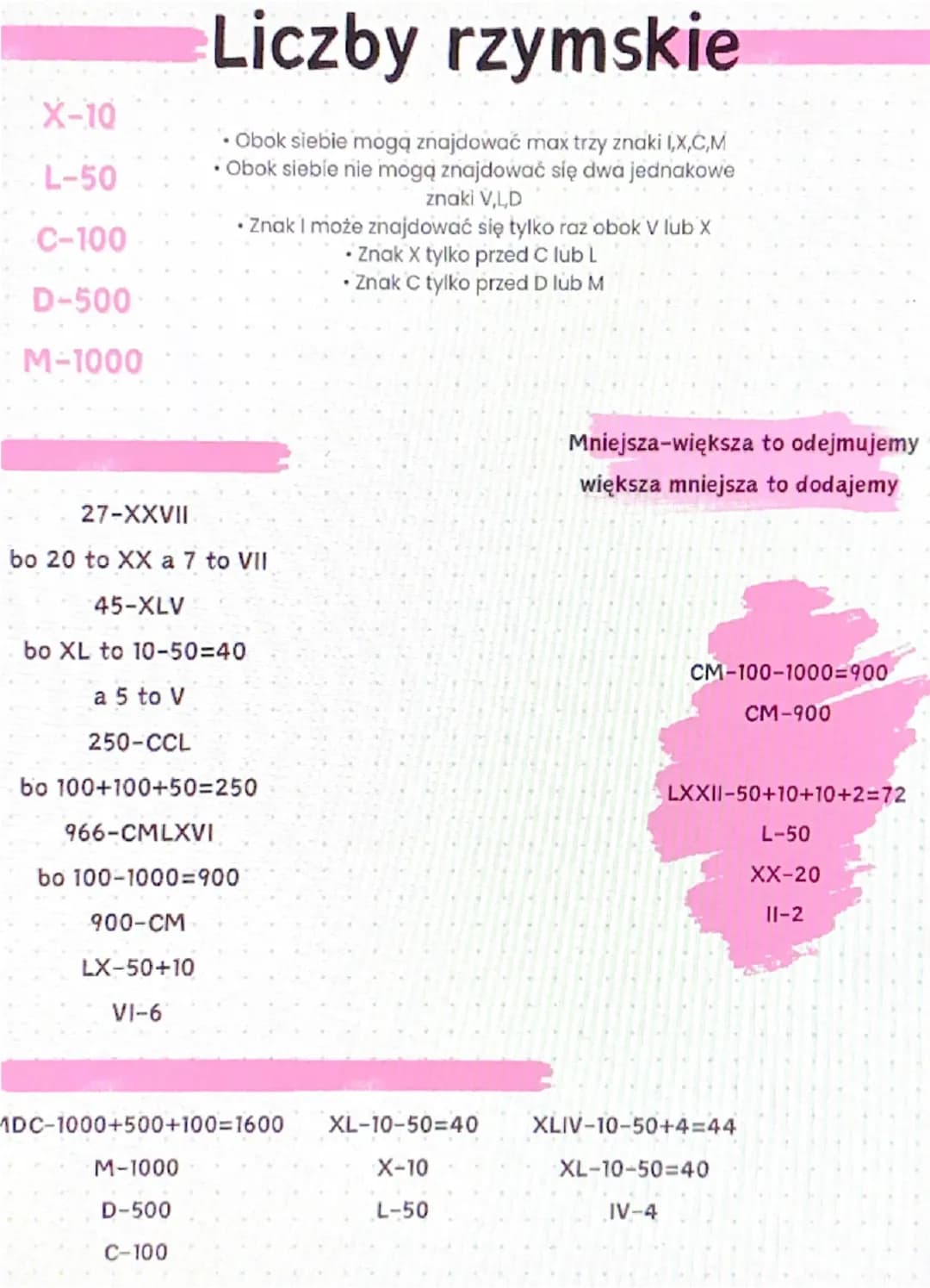 X-10
L-50
C-100
D-500-
M-1000
Liczby rzymskie
Obok siebie mogą znajdować max trzy znaki I,X,C,M
• Obok siebie nie mogą znajdować się dwa jed