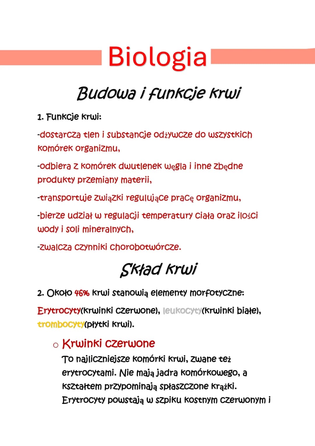 Biologia
Budowa i funkcje krwi
1. Funkcje krwi:
-dostarcza tlen i substancje odżywcze do wszystkich
komórek organizmu,
-odbiera z komórek dw