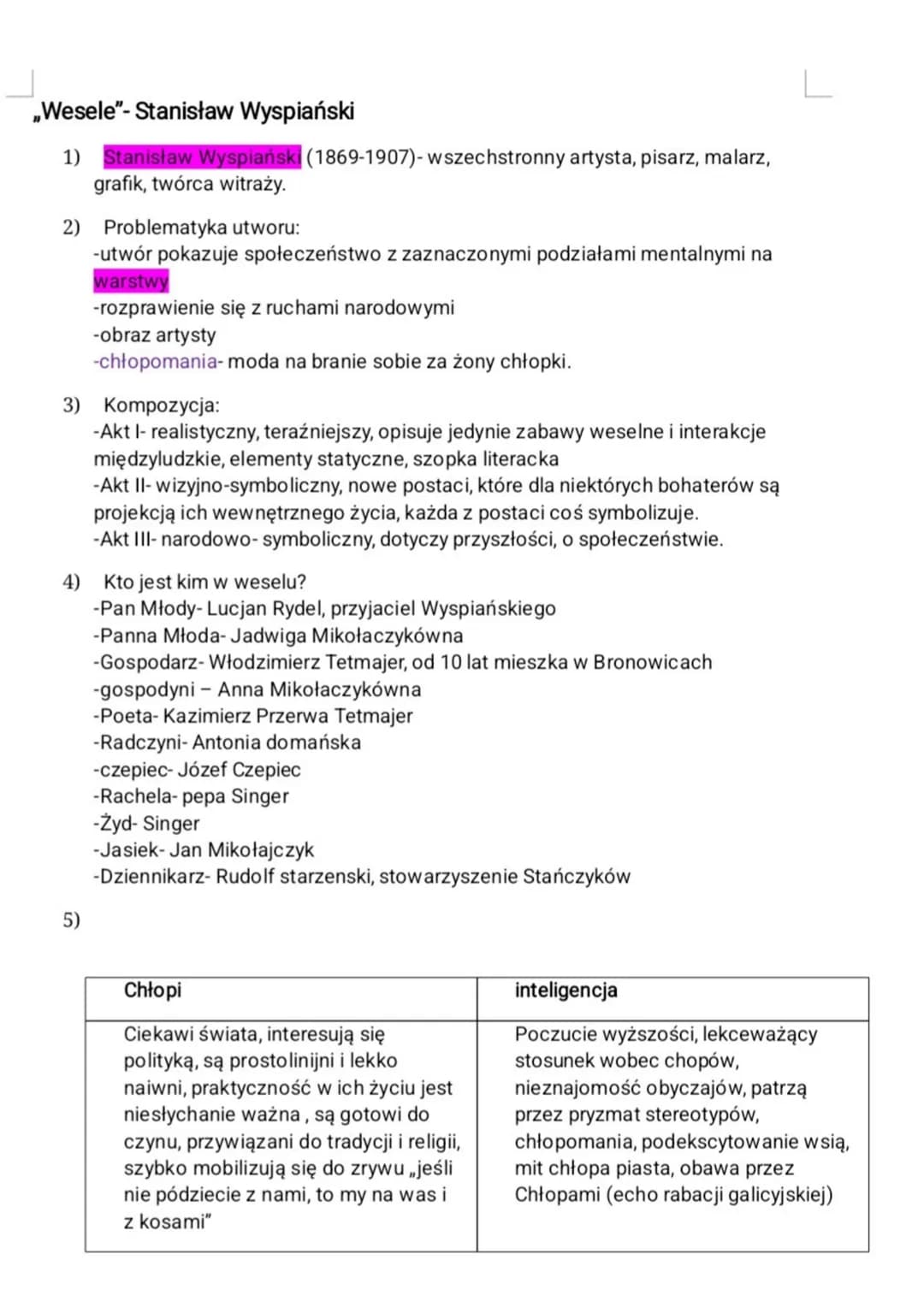 Wesele"- Stanisław Wyspiański
1) Stanisław Wyspiański (1869-1907)- wszechstronny artysta, pisarz, malarz,
grafik, twórca witraży.
2) Problem