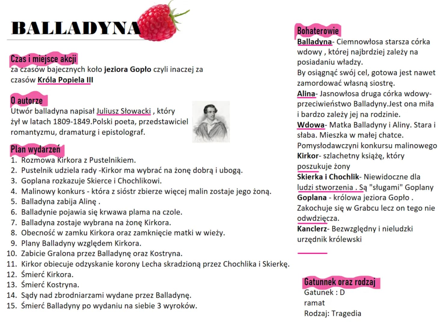 BALLADYNA
Czas i miejsce akcji
za czasów bajecznych koło jeziora Gopło czyli inaczej za
czasów Króla Popiela III
O autorze
Utwór balladyna n