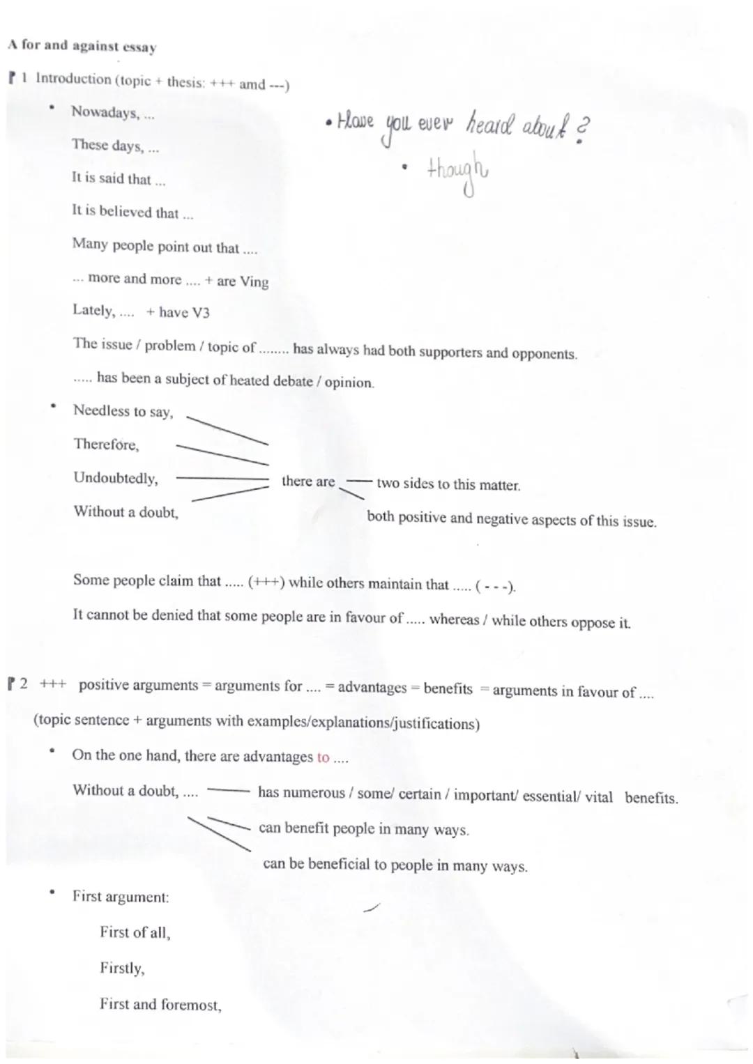 A for and against essay
P1 Introduction (topic + thesis: +++ amd ---)
Nowadays,...
.
These days,...
It is said that ...
It is believed that 