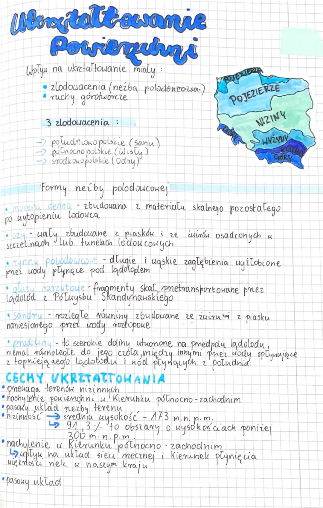 Wongtattowanie
Powierzchni
Wpły na ukrztałtowanie miały.
zlodowacenia (neźba polodoncowa.)
.
• ruchy górotwórcze
3 zlodowacenia :
→ poludnio