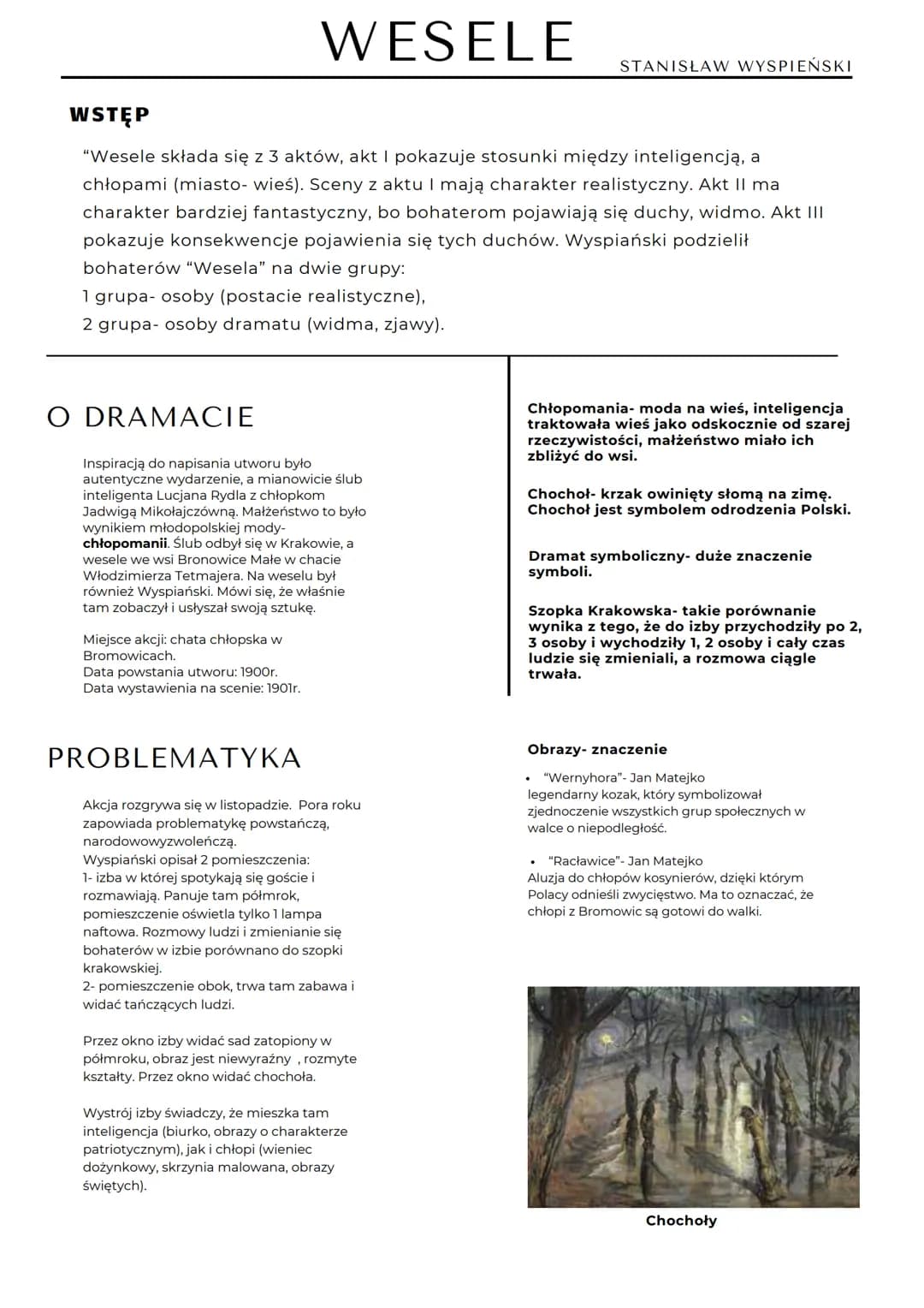 WSTĘP
"Wesele składa się z 3 aktów, akt I pokazuje stosunki między inteligencją, a
chłopami (miasto- wieś). Sceny z aktu I mają charakter re