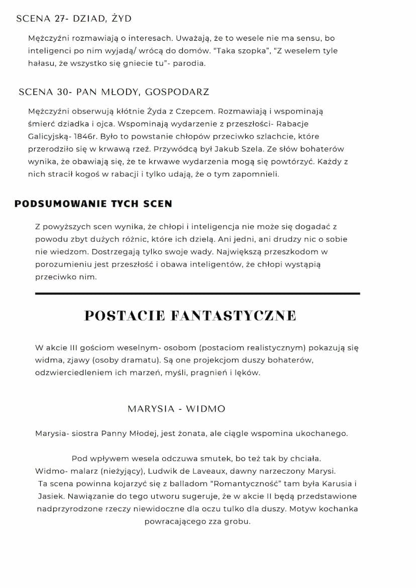 WSTĘP
"Wesele składa się z 3 aktów, akt I pokazuje stosunki między inteligencją, a
chłopami (miasto- wieś). Sceny z aktu I mają charakter re