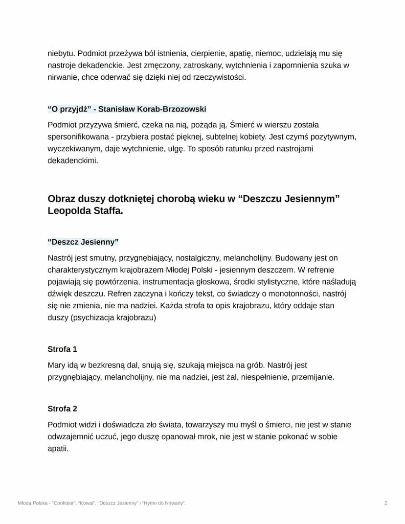 Młoda Polska - "Confiteor",
"Kowal", "Deszcz Jesienny" i
"Hymn do Nirwany".
Próba przełamania nastrojów dekadenckich w liryce Kazimierza
Prz