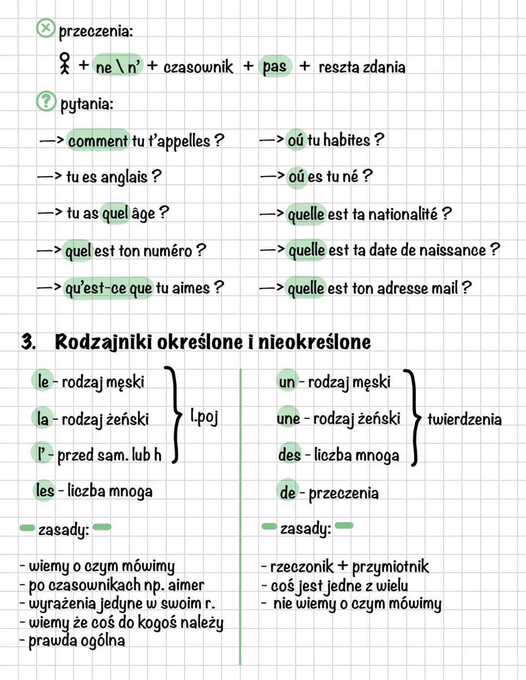 1. Czasowniki
être
1. je suis
2. tu es
3. il est
→> s'appeler
1. je m'appelle
2. tu t'appelles
3. il s'appelle
aller
1. je vais
2. tu vas
3.