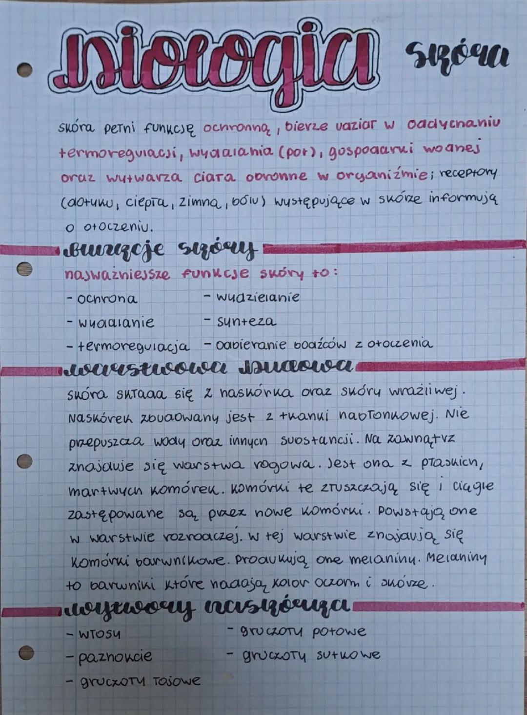 Dlologia szóra
Skóra pełni funkcję ochronną, bierze vaziar w oddychaniu
termoregulacji, wydalania (por), gospodarki woanes
oraz wytwarza cia