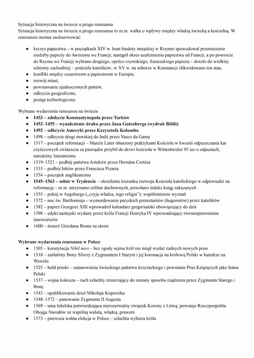1) Renesans- - nazwa epoki
Renesans to nazwa epoki następującej po średniowieczu. Wyraz oznacza odrodzenie kultury antycznej, zwrot ku
niej 
