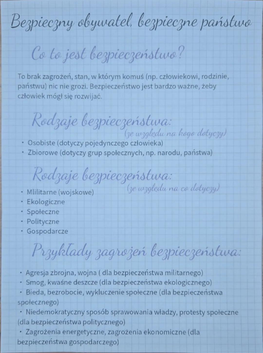 Bezpieczny obywatel, bezpieczne państwo
Co to jest bezpieczeństwo?
To brak zagrożeń, stan, w którym komuś (np. człowiekowi, rodzinie,
państw