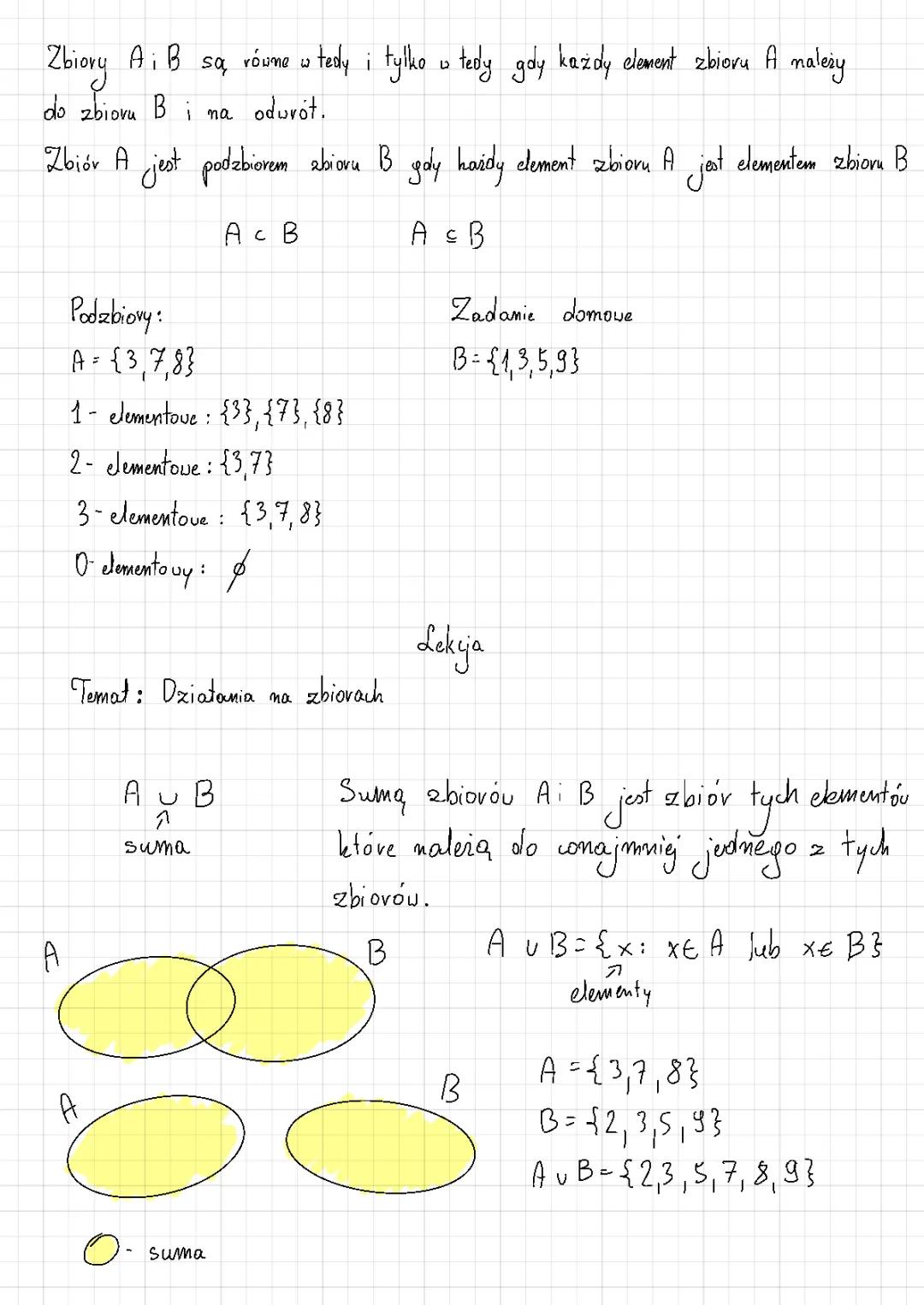 Działania na Zbiorach: Suma, Różnica i Iloczyn Zbiorów dla Klasy 1