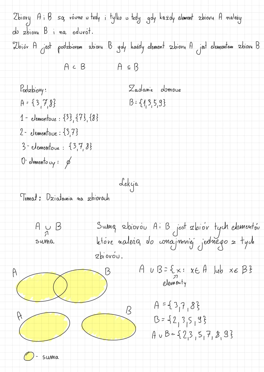 Zbiory A i B są róune w tedy i tylko w tedy gdy każdy element zbioru A należy
W
do zbioru B
Zbiór A
A
i na odwrót.
Podzbiovy:
A = {3,7,8}
je