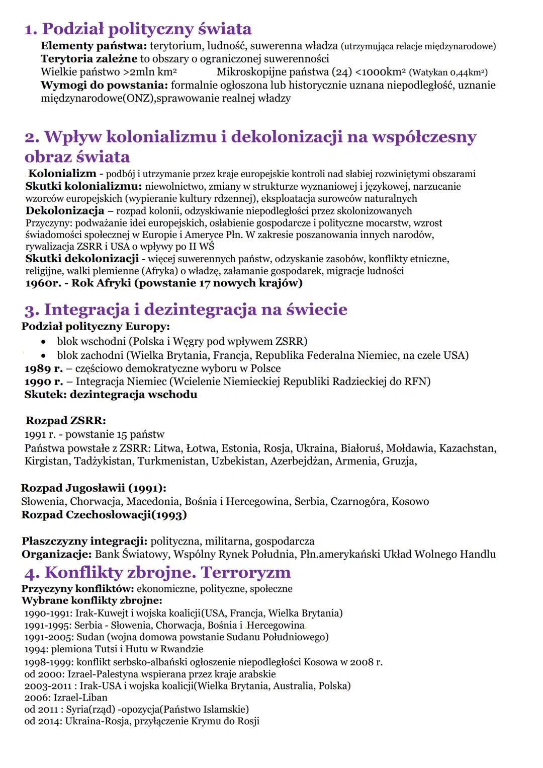 1. Podział polityczny świata
Elementy państwa: terytorium, ludność, suwerenna władza (utrzymująca relacje międzynarodowe)
Terytoria zależne 
