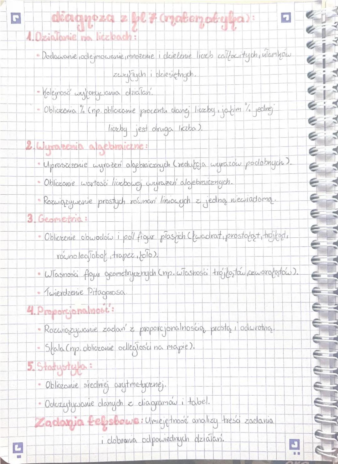 diagnoza z bl7 (matematyka):
4. Działania na liczbach:
- Dodawanie, odejmowanie, mnożenie i dzielenie liczb całkowitych, ułamków zwykłych i 