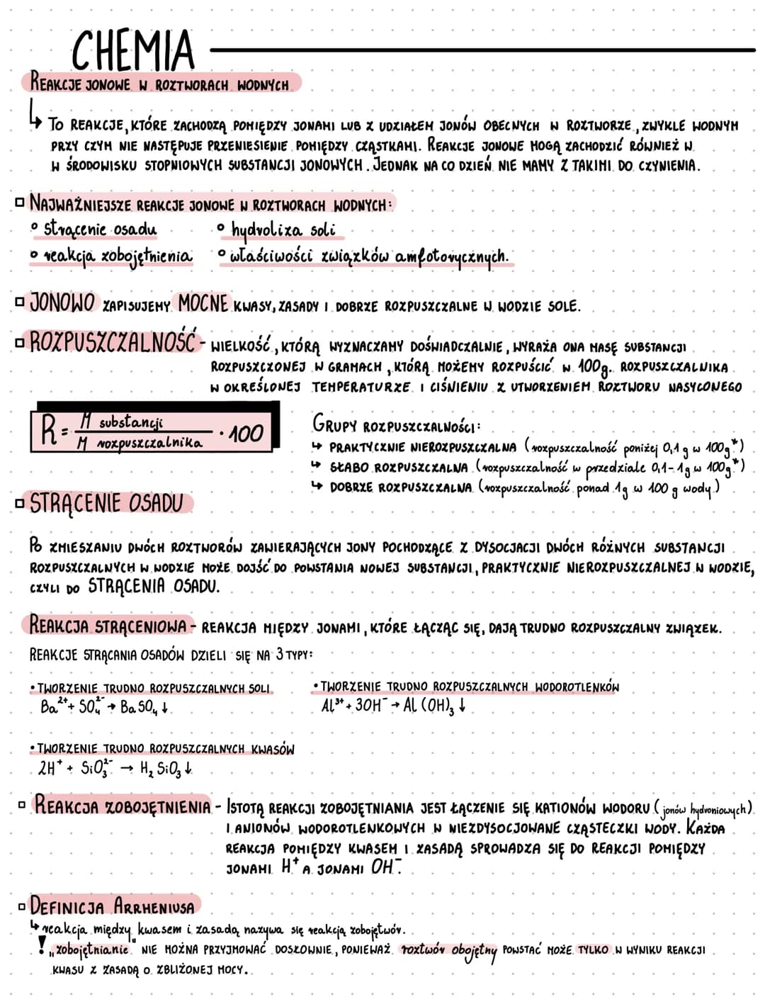 CHEMIA
REAKCJE JONOWE W ROZTWORACH WODNYCH
TO REAKCJE, KTÓRE ZACHODZĄ POMIĘDZY JONAMI LUB Z UDZIAŁEM JONÓW OBECNYCH W ROZTWORZE, ZWYKLE WODN