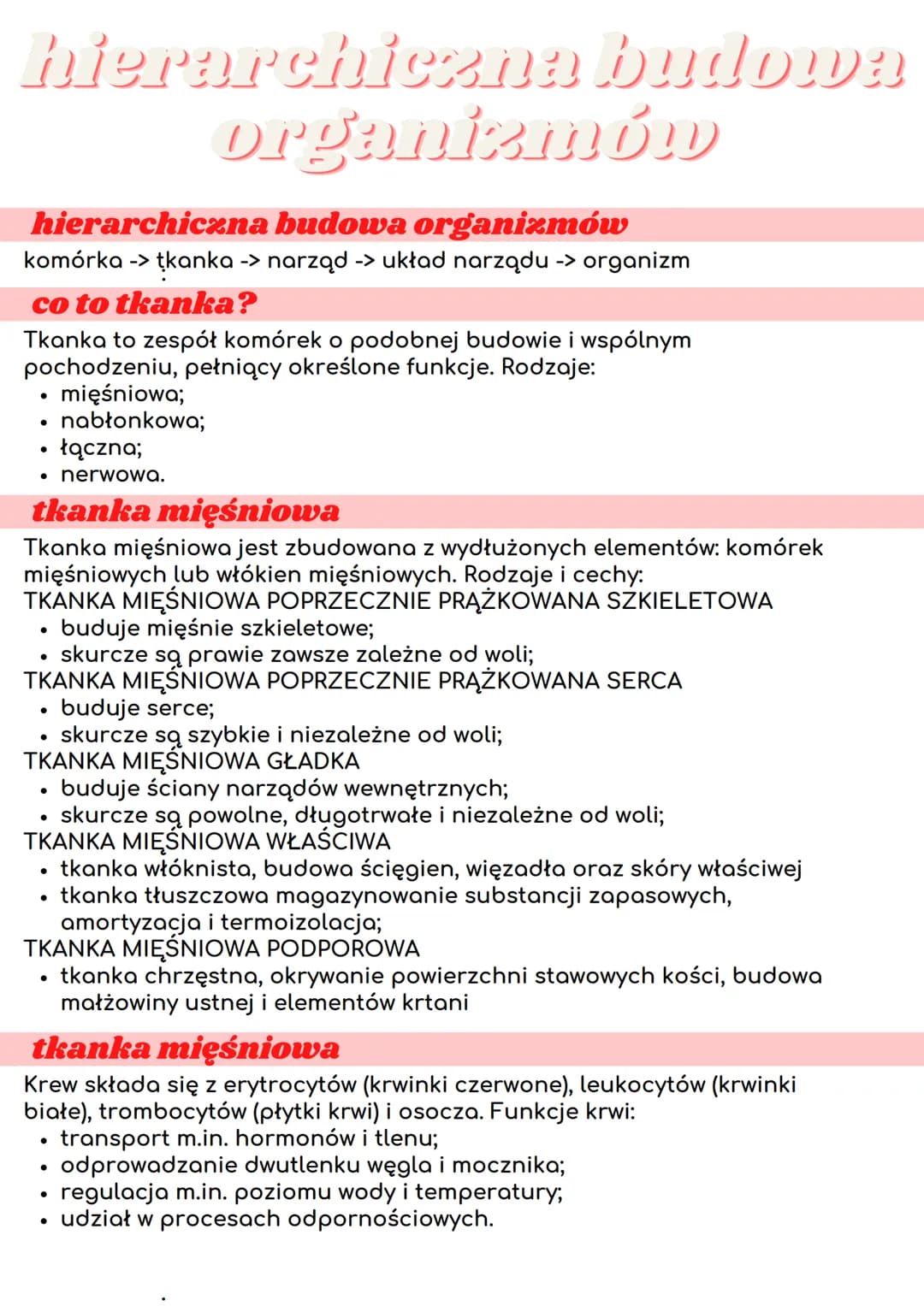 hierarchiczna budowa
hierarchiczna budowa organizmów
komórka -> tkanka -> narząd -> układ narządu -> organizm
co to tkanka?
Tkanka to zespół