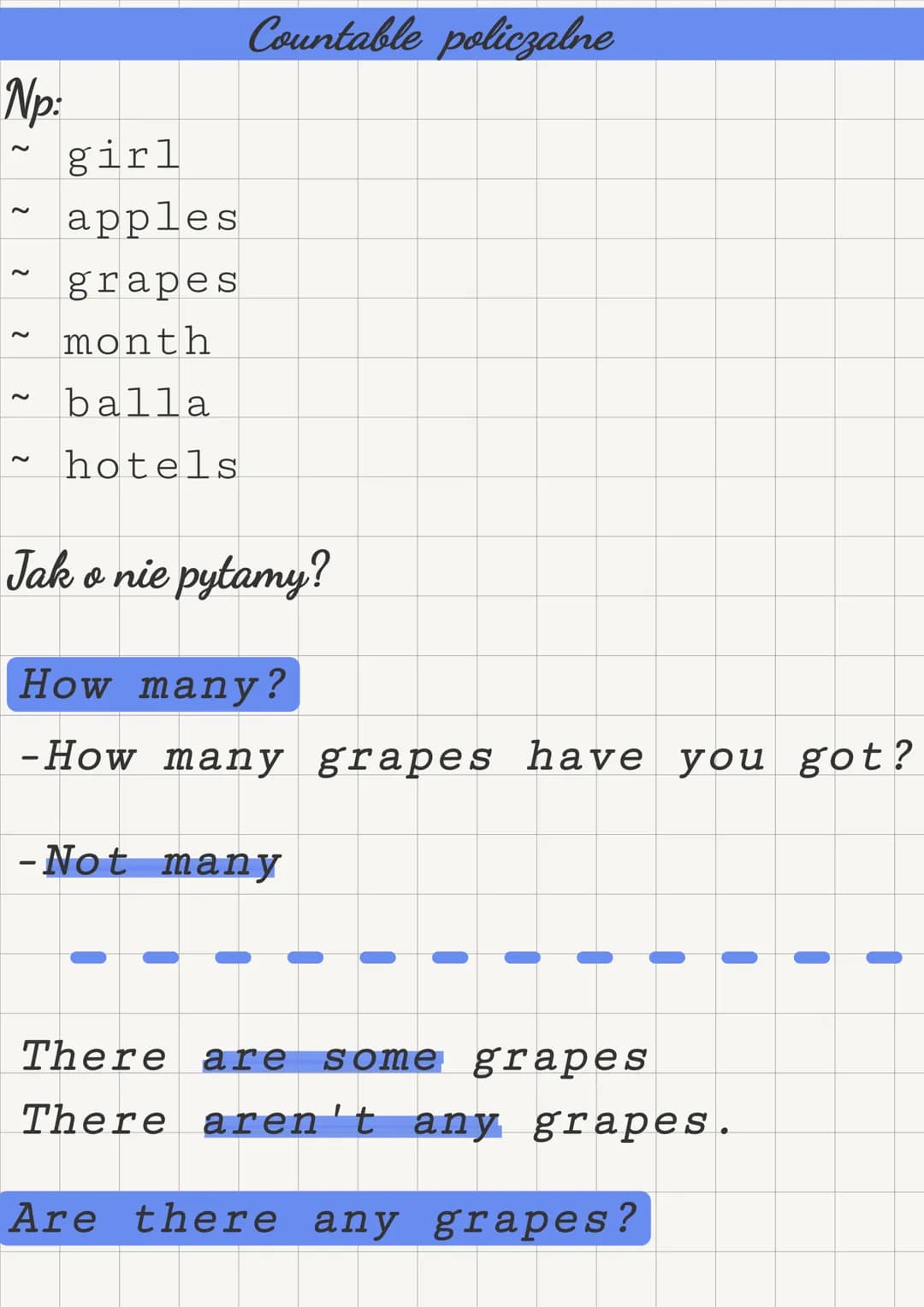 Np:
~
~
girl
apples
grapes
month
balla
hotels
Countable policzalne
Jak o nie pytamy?
How many?
-How many grapes have you got?
-Not many
Ther