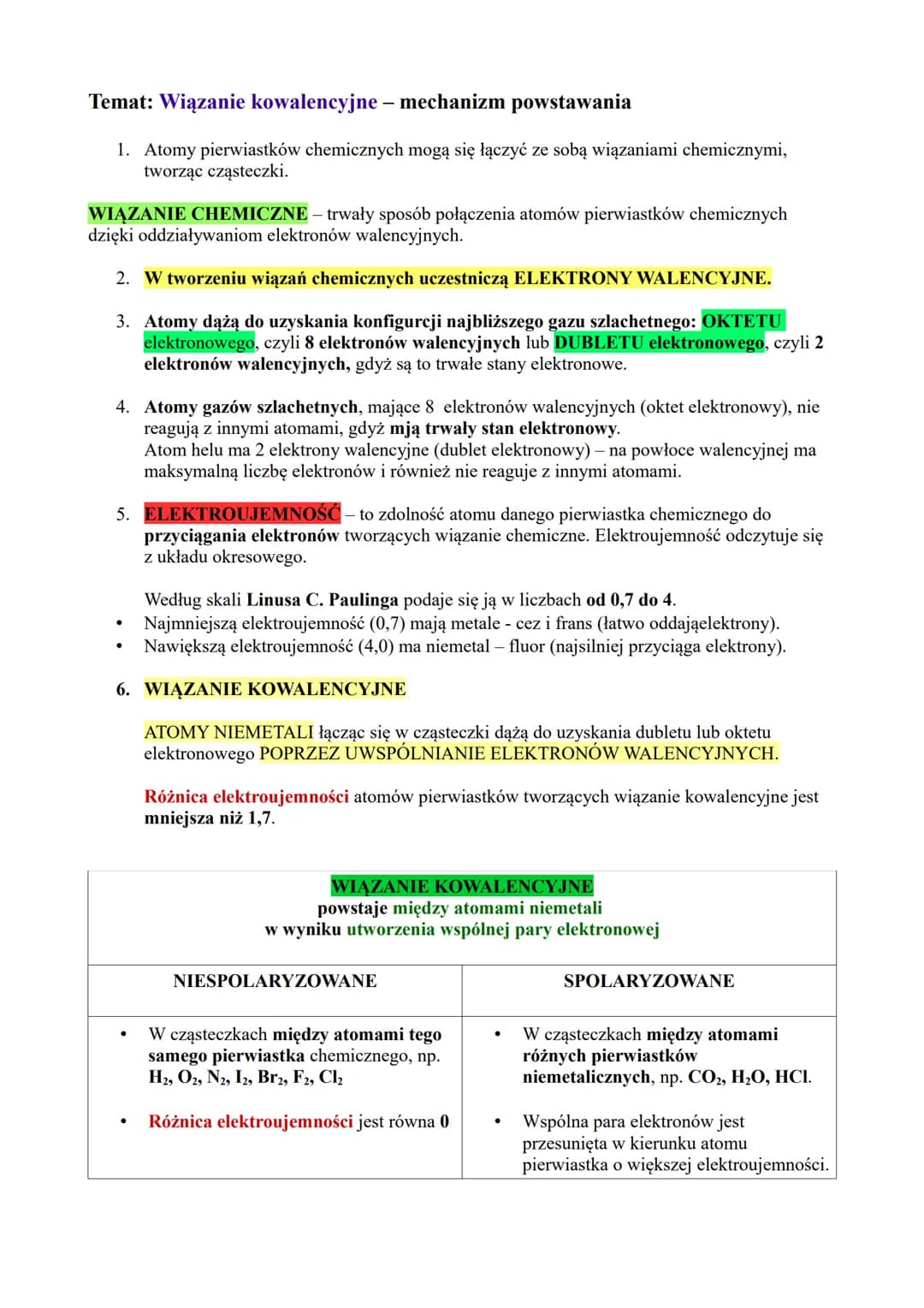Temat: Wiązanie kowalencyjne - mechanizm powstawania
1. Atomy pierwiastków chemicznych mogą się łączyć ze sobą wiązaniami chemicznymi,
tworz