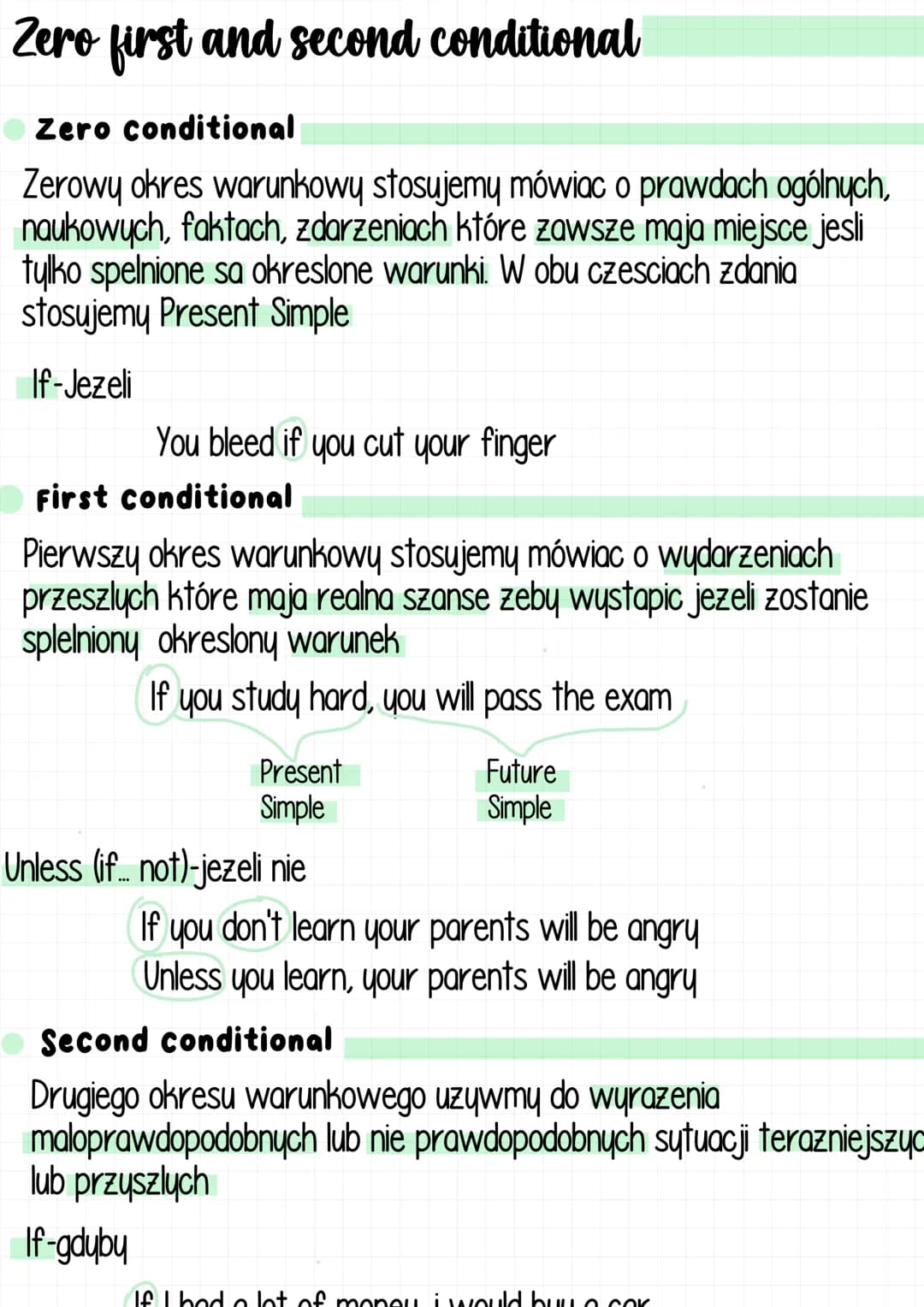 Zero first and second conditional
Zero conditional
Zerowy okres warunkowy stosujemy mówiac o prawdach ogólnych,
naukowych, faktach, zdarzeni