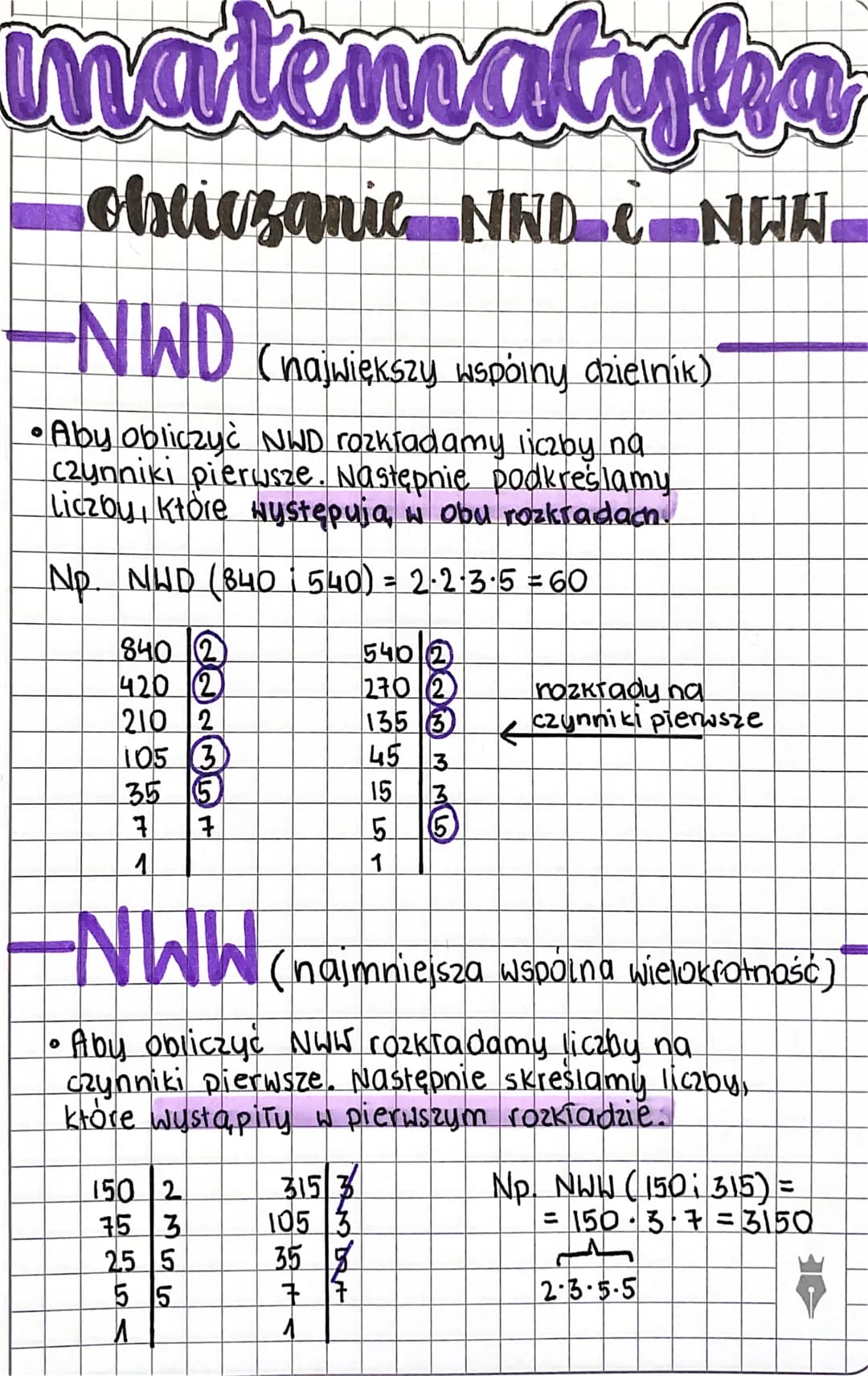 matematyka
obliczanie NND & NWH
●
NWD (największy wspólny dzielnik)
Aby obliczyć NWD rozkładamy liczby na
czynniki pierwsze. Następnie podkr