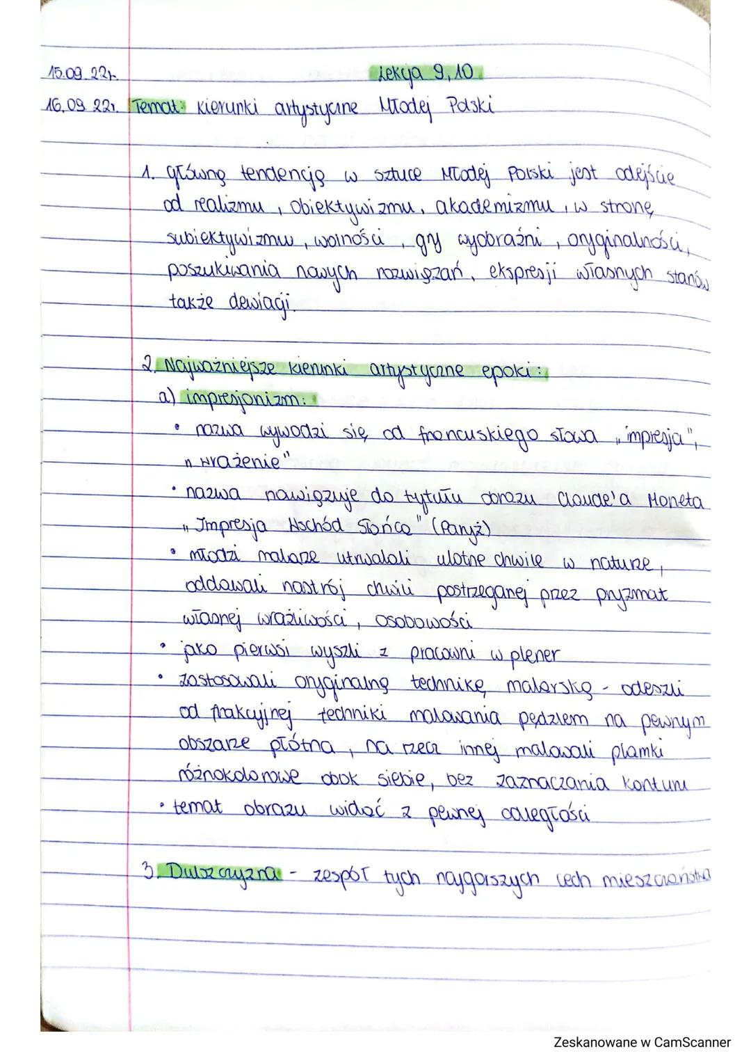 15.09.221
Lekya 9, 10
16,09 221. Temat: Kierunki artystycine Młodej Paski
1. growing tendencje w sztuce Młodej Polski jest odejście
od reali