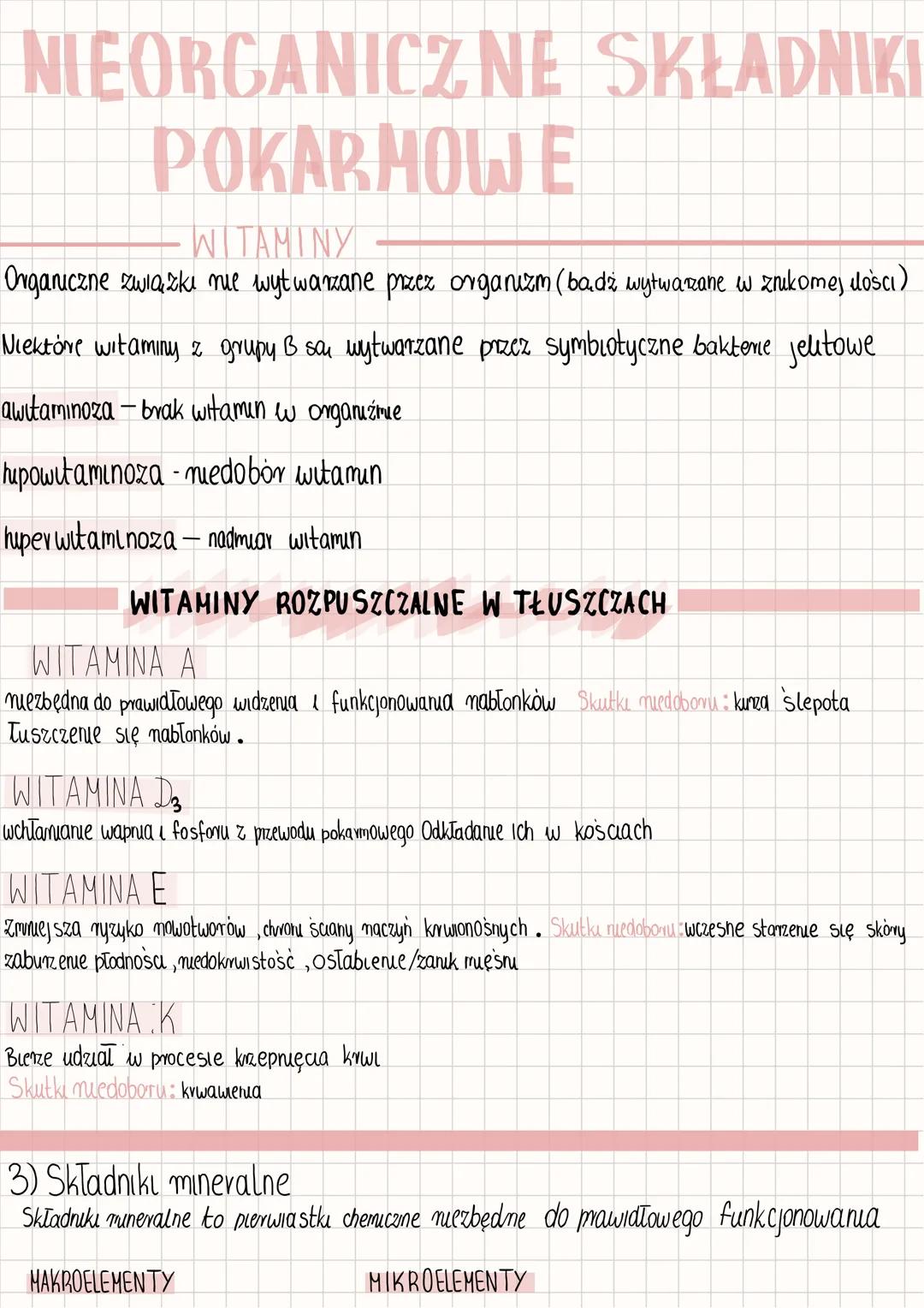 NIEORGANICZNE SKŁADNIKI
POKARMOWE
WITAMINY
Organiczne związki nie wytwarzane przez organizm (bądź wytwarzane w znikome, dlości)
Niektóre wit