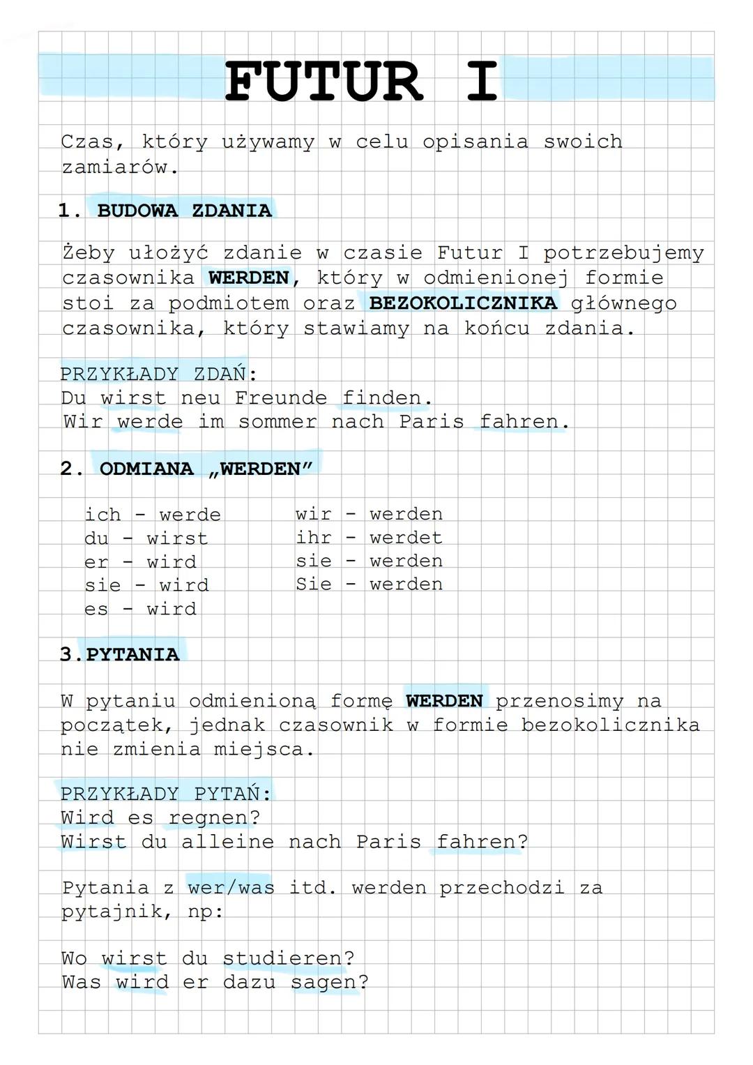 # FUTUR I
Czas, który używamy w celu opisania swoich
zamiarów.

1. BUDOWA ZDANIA
Żeby ułożyć zdanie w czasie Futur I potrzebujemy
czasownika