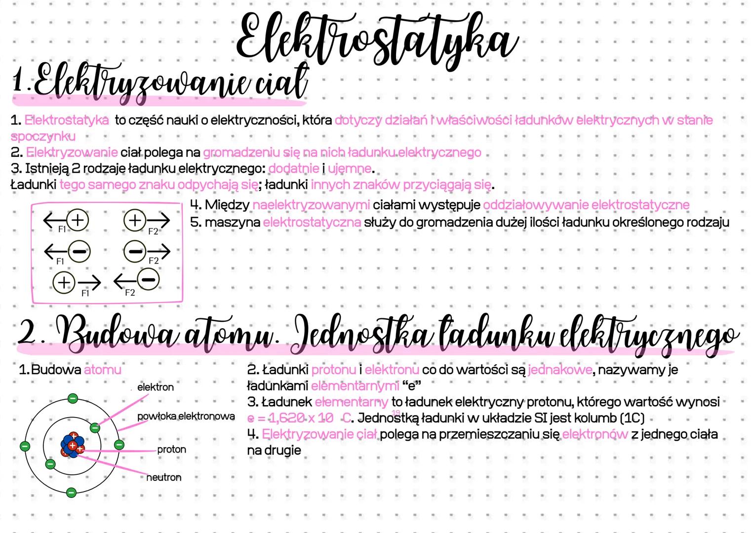 # Elektrostatyka

## 1. Elektryzowanie ciat

1.  Elektrostatyka to część nauki o elektryczności, która dotyczy działań właściwości ładunków 
