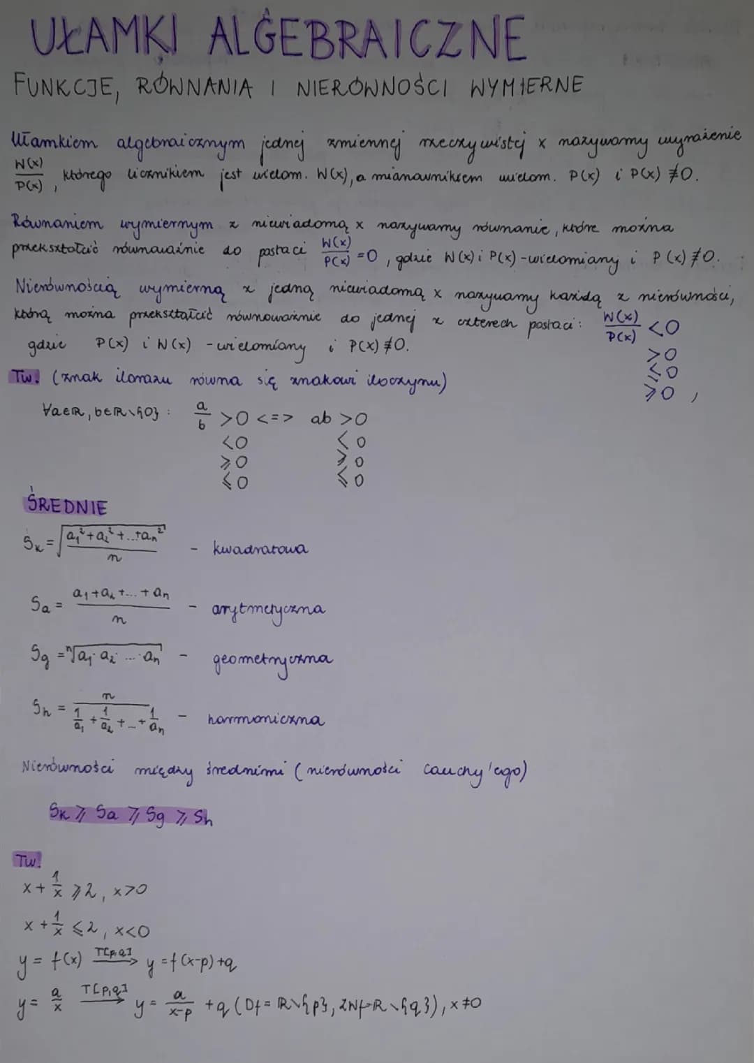 Zabawy z ułamkami algebraicznymi i hiperbolą: Klasa 3 liceum