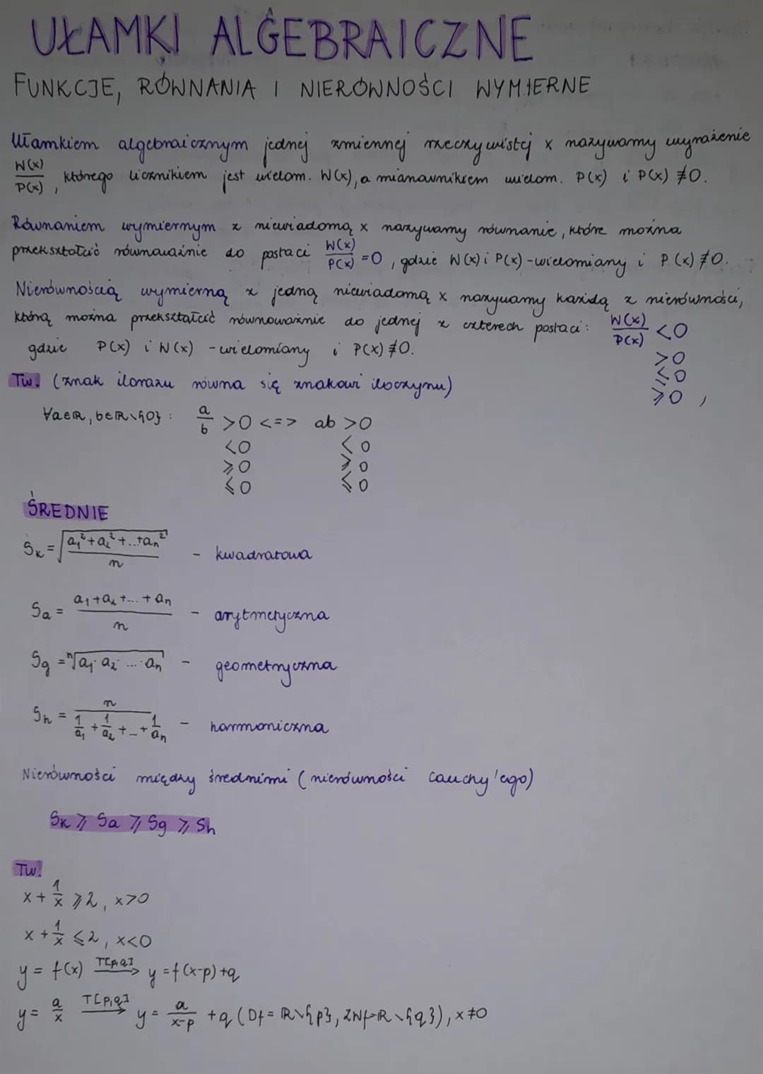 UŁAMKI ALGEBRAICZNE
FUNKCJE, RONNANIA I NIERONNOŚCI WYMIERNE
Ułamkiem algebraicznym jednej zmiennej meckywistej x nożywamy wyrażenie
W(x)
li