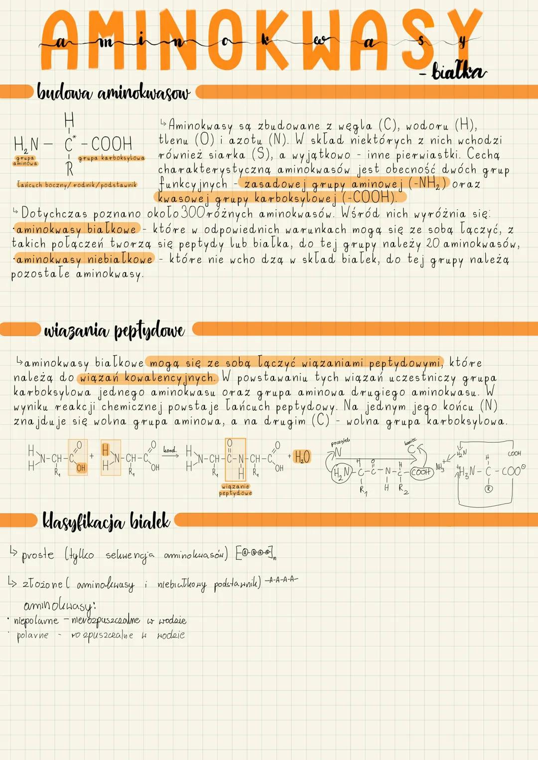 AMINOKWASY
Aminokwasy są zbudowane z węgla (C), wodoru (H),
tlenu (0) i azotu (N). W skład niektórych z nich wchodzi
również siarka (S), a w