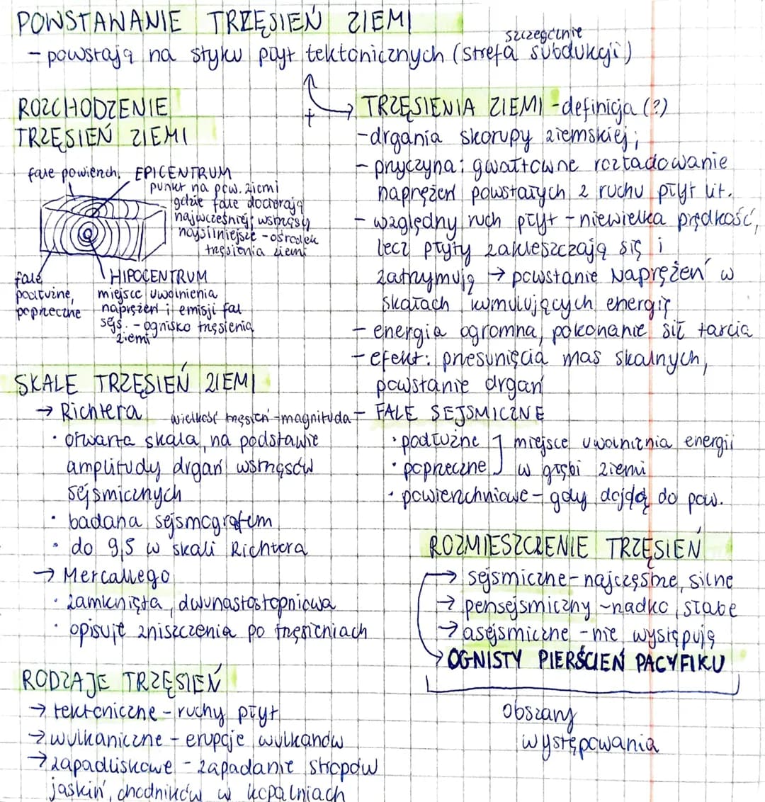 POWSTANANIE TRZESIEŃ ZIEMI
Szczegcinie
- powstają na styku poyt tektonicznych (strefa subdukyi)
ROZCHODZENIE
TRZESIEŃ ZIEMI
face powiench,
H