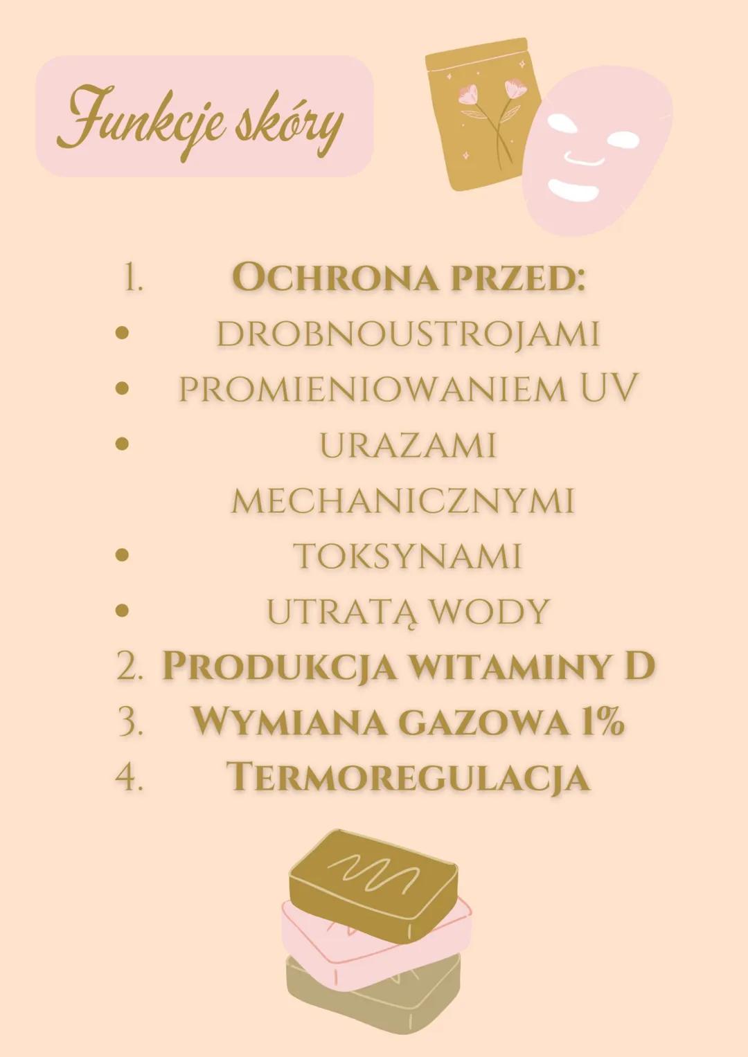 Funkcje skóry

1. OCHRONA PRZED:
* DROBNOUSTROJAMI
* PROMIENIOWANIEM UV
* URAZAMI
MECHANICZNYMI
* TOKSYNAMI
* UTRATĄ WODY
2. PRODUKCJA WITAM